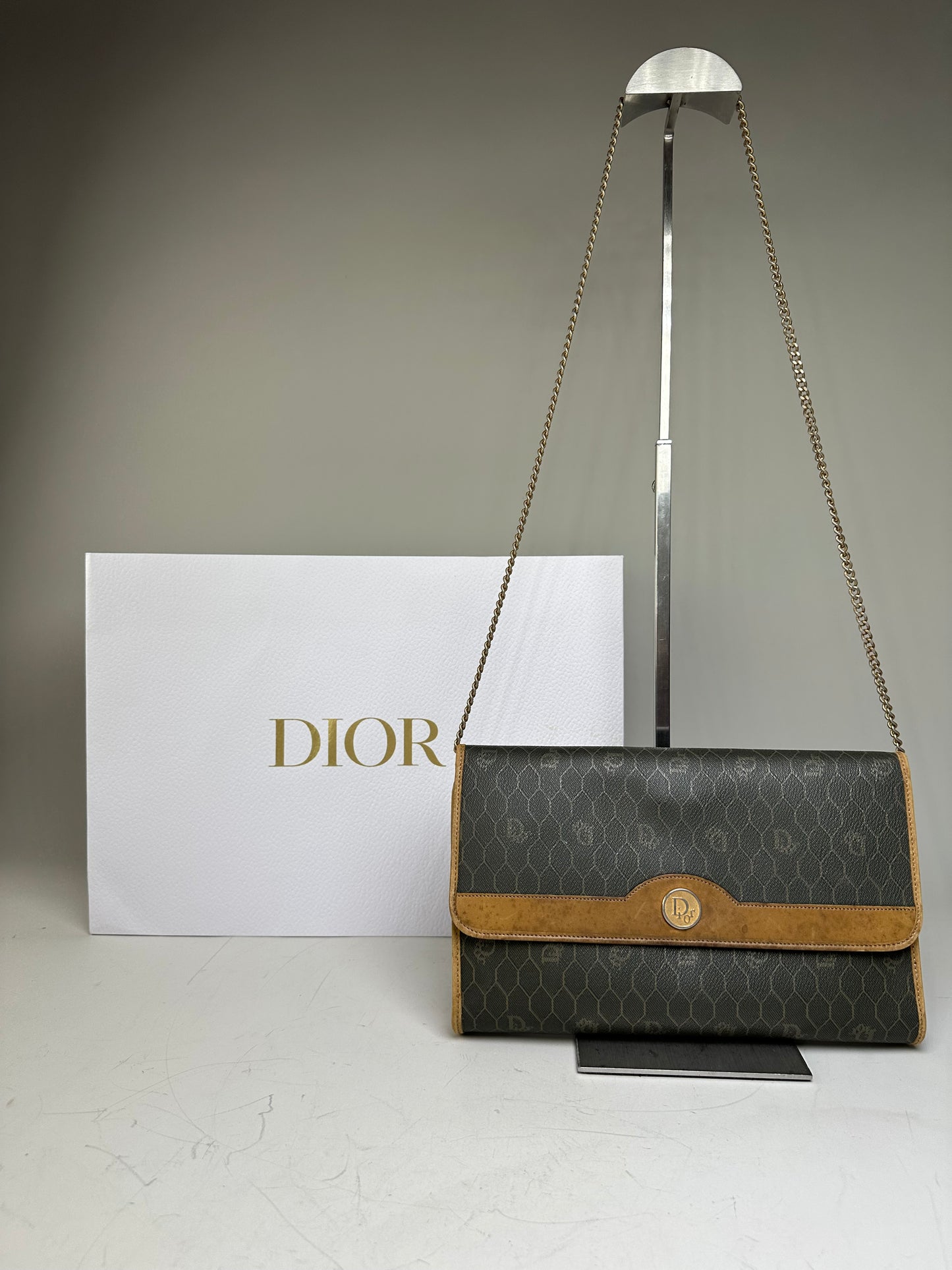 Vintage Dior Hexagonal Logo Canvas Clutch Olive Mustard
