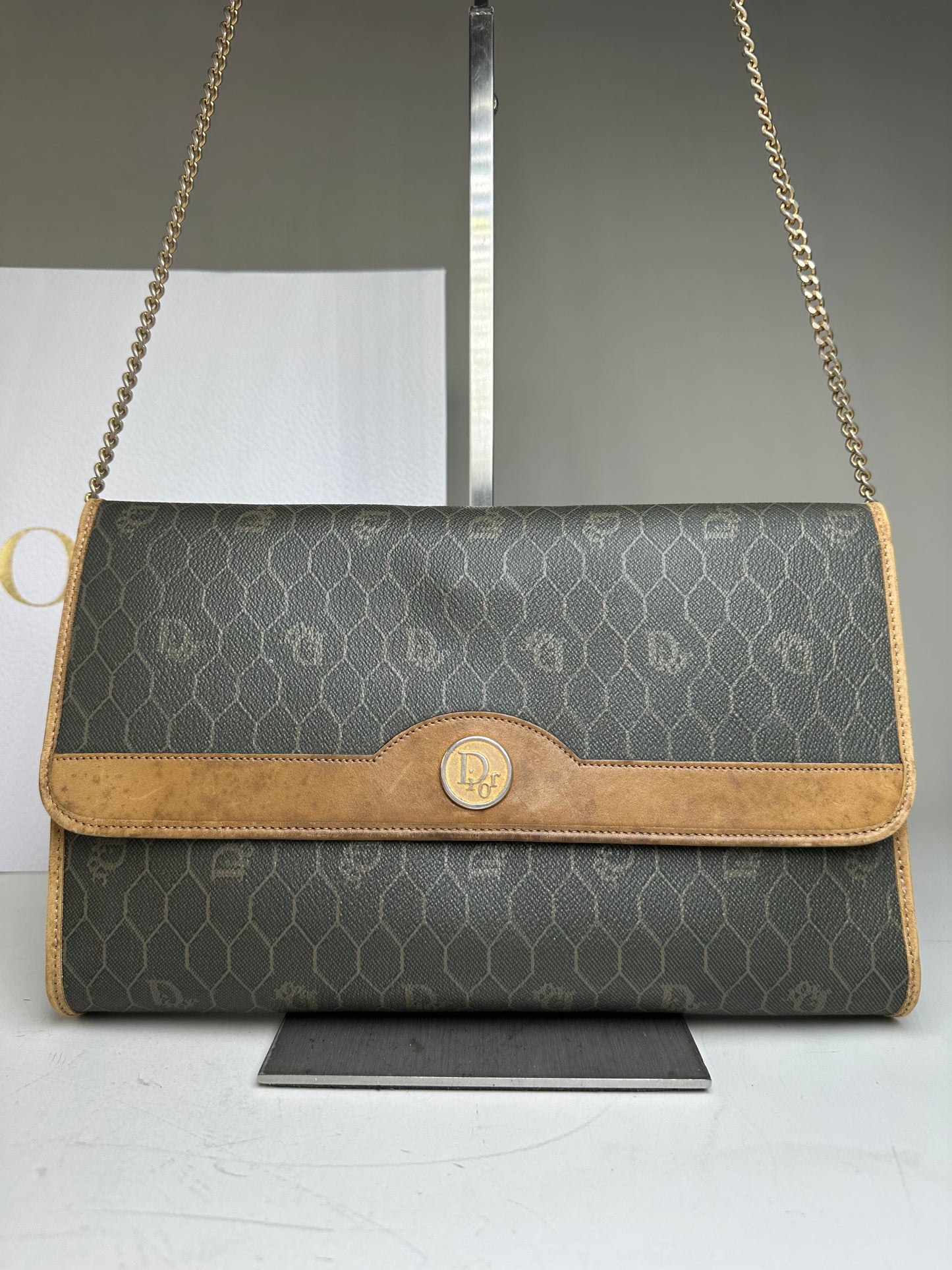Vintage Dior Hexagonal Logo Canvas Clutch Olive Mustard
