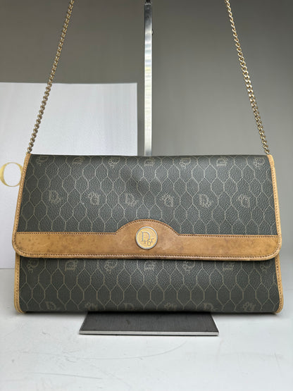 Vintage Dior Hexagonal Logo Canvas Clutch Olive Mustard