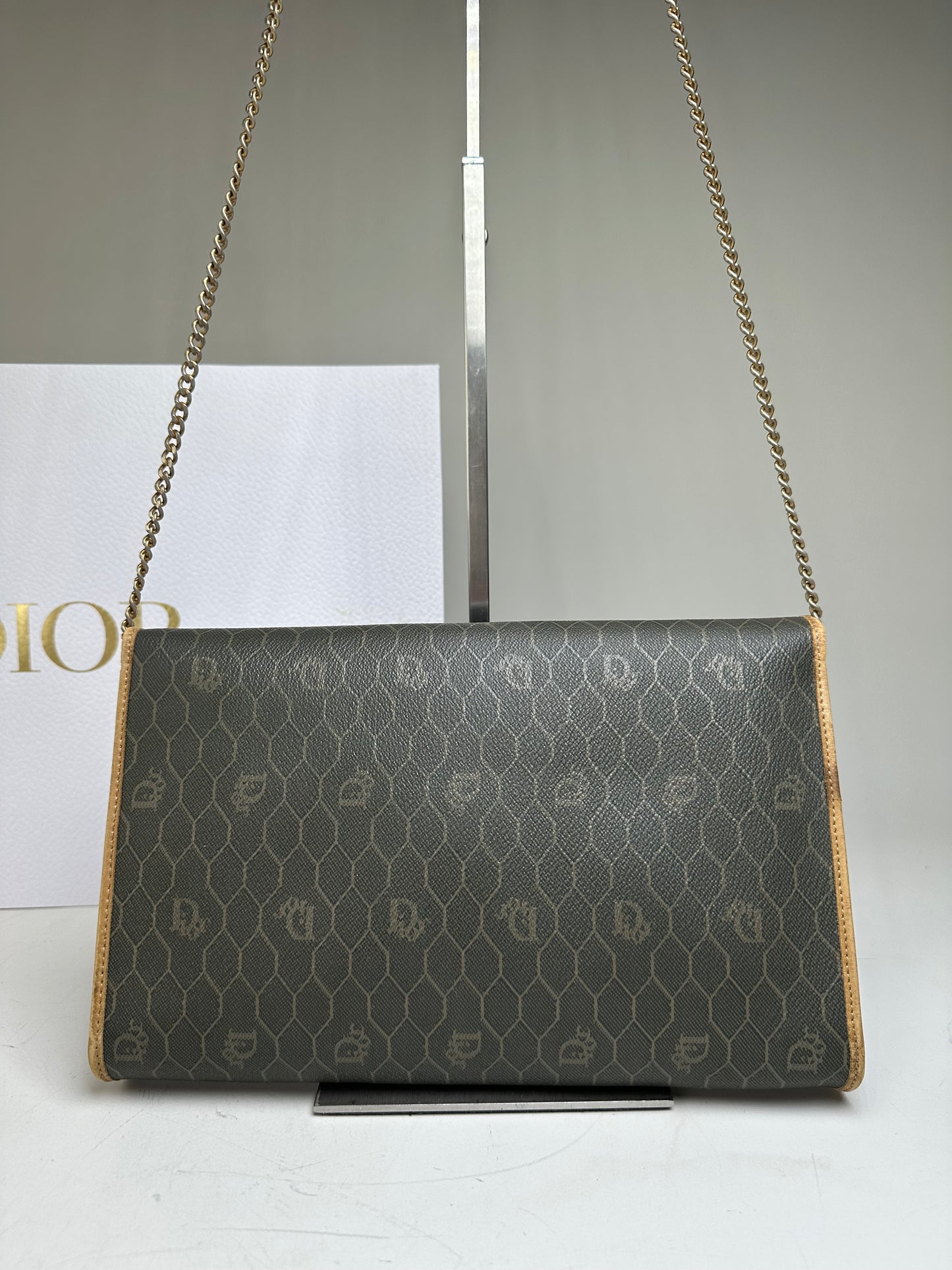 Vintage Dior Hexagonal Logo Canvas Clutch Olive Mustard