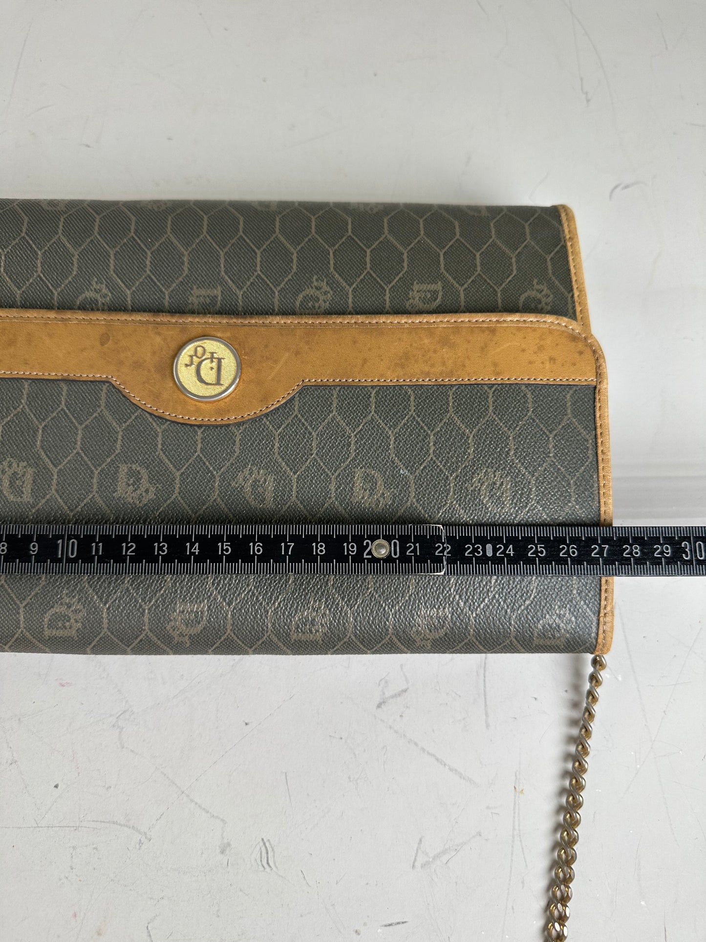 Vintage Dior Hexagonal Logo Canvas Clutch Olive Mustard