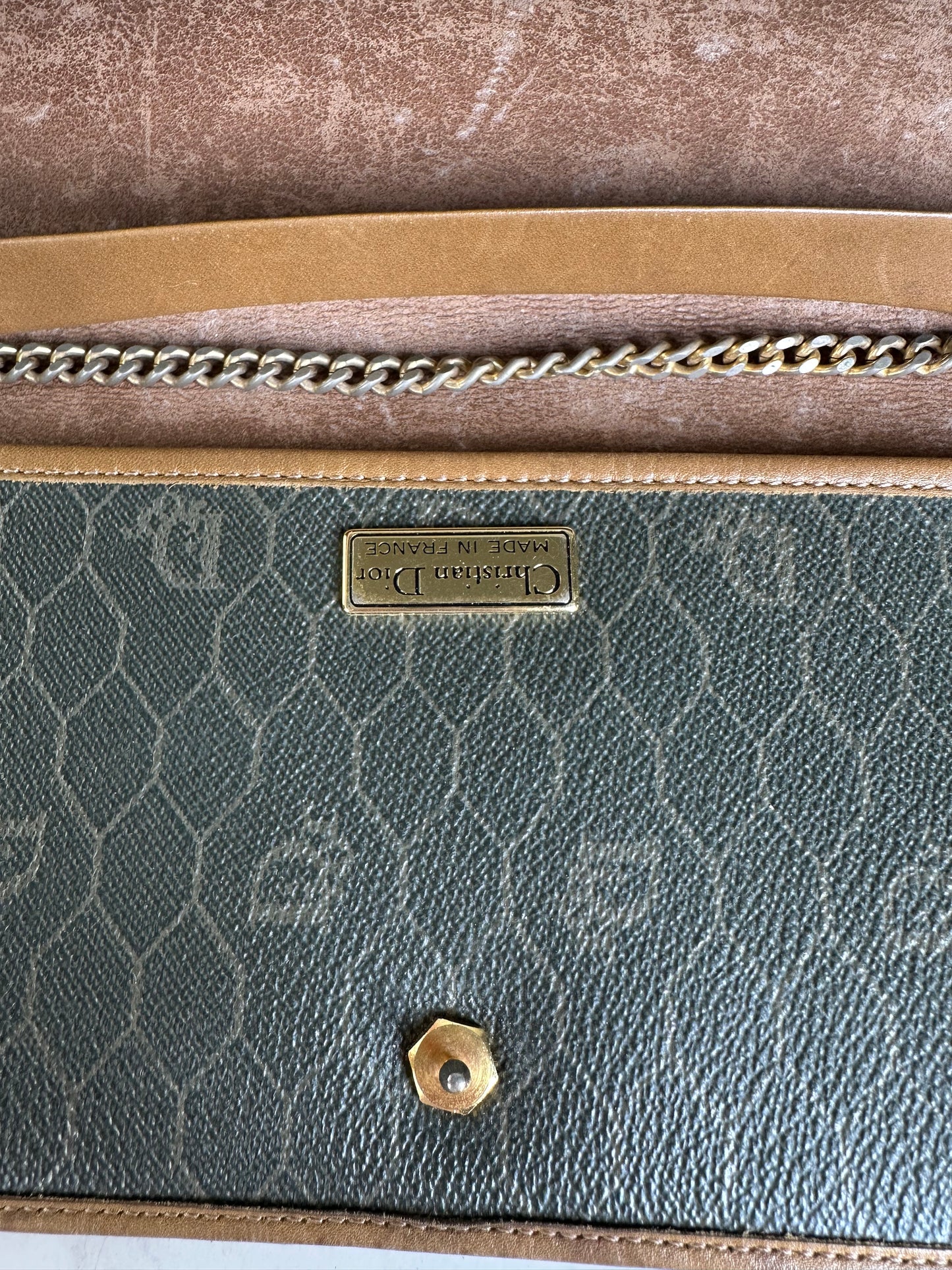 Vintage Dior Hexagonal Logo Canvas Clutch Olive Mustard