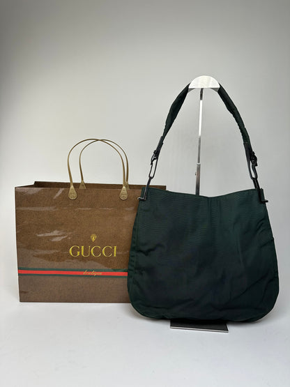 Vintage Gucci Nylon Leather Trim Hobo Shoulder Bag Green