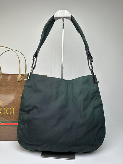 Vintage Gucci Nylon Leather Trim Hobo Shoulder Bag Green