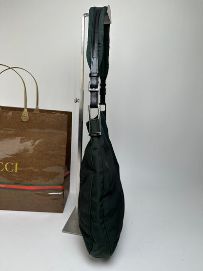 Vintage Gucci Nylon Leather Trim Hobo Shoulder Bag Green