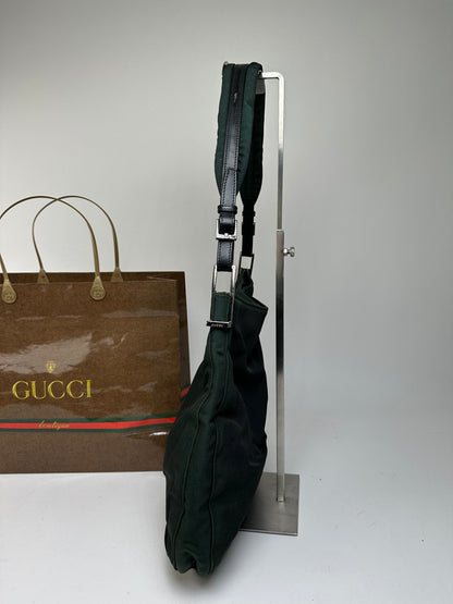 Vintage Gucci Nylon Leather Trim Hobo Shoulder Bag Green