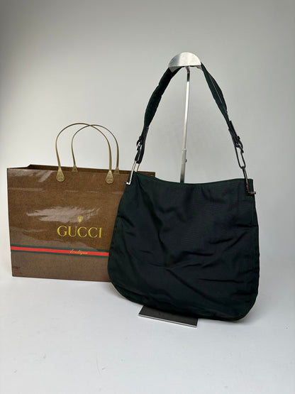 Vintage Gucci Nylon Leather Trim Hobo Shoulder Bag Green