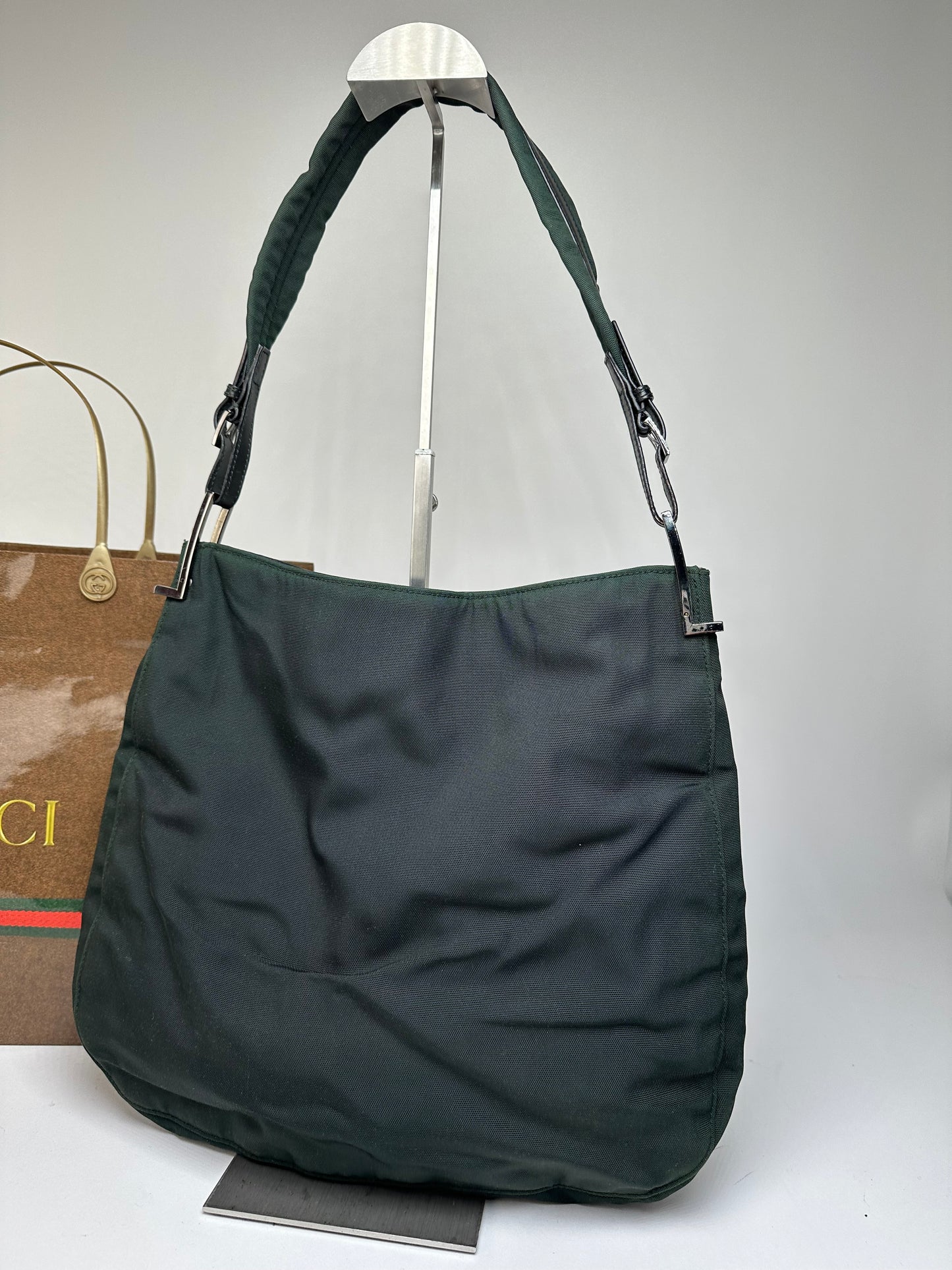 Vintage Gucci Nylon Leather Trim Hobo Shoulder Bag Green