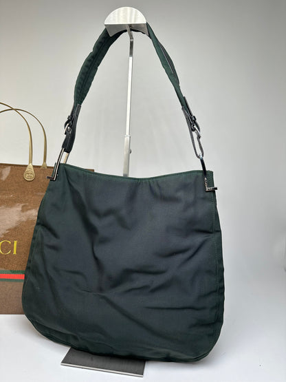 Vintage Gucci Nylon Leather Trim Hobo Shoulder Bag Green