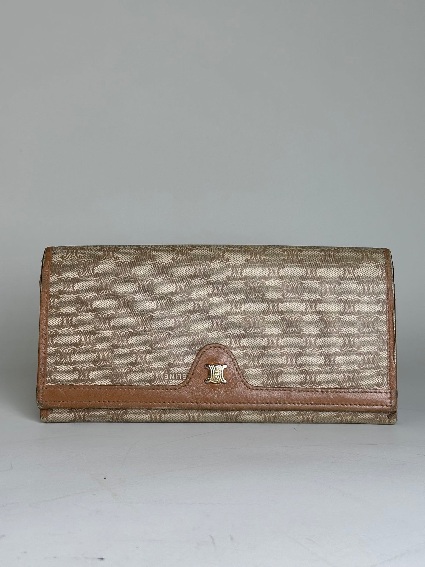 Vintage Celine Macadam Canvas Wallet Beige Brown Gold