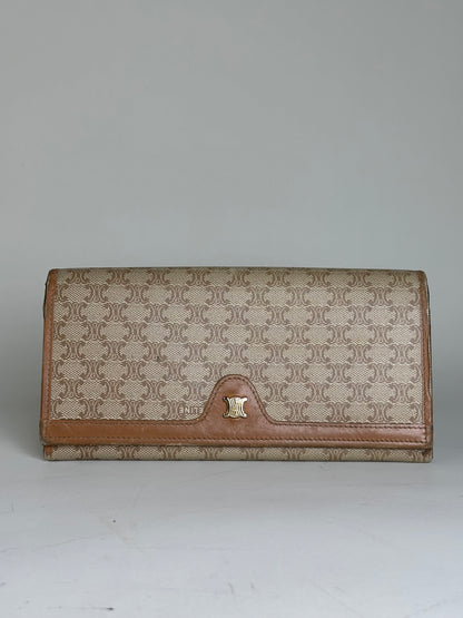 Vintage Celine Macadam Canvas Wallet Beige Brown Gold
