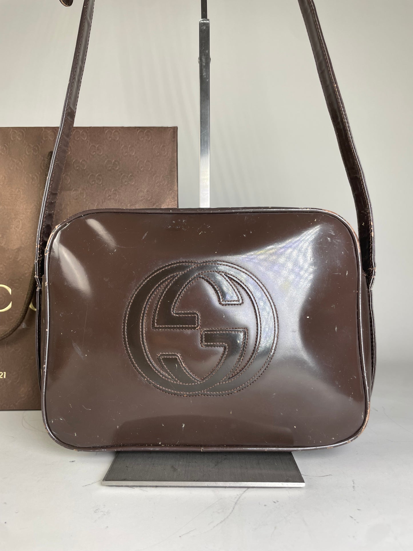 Vintage Gucci Soho Leather Crossbody Bag Dark Brown Gold