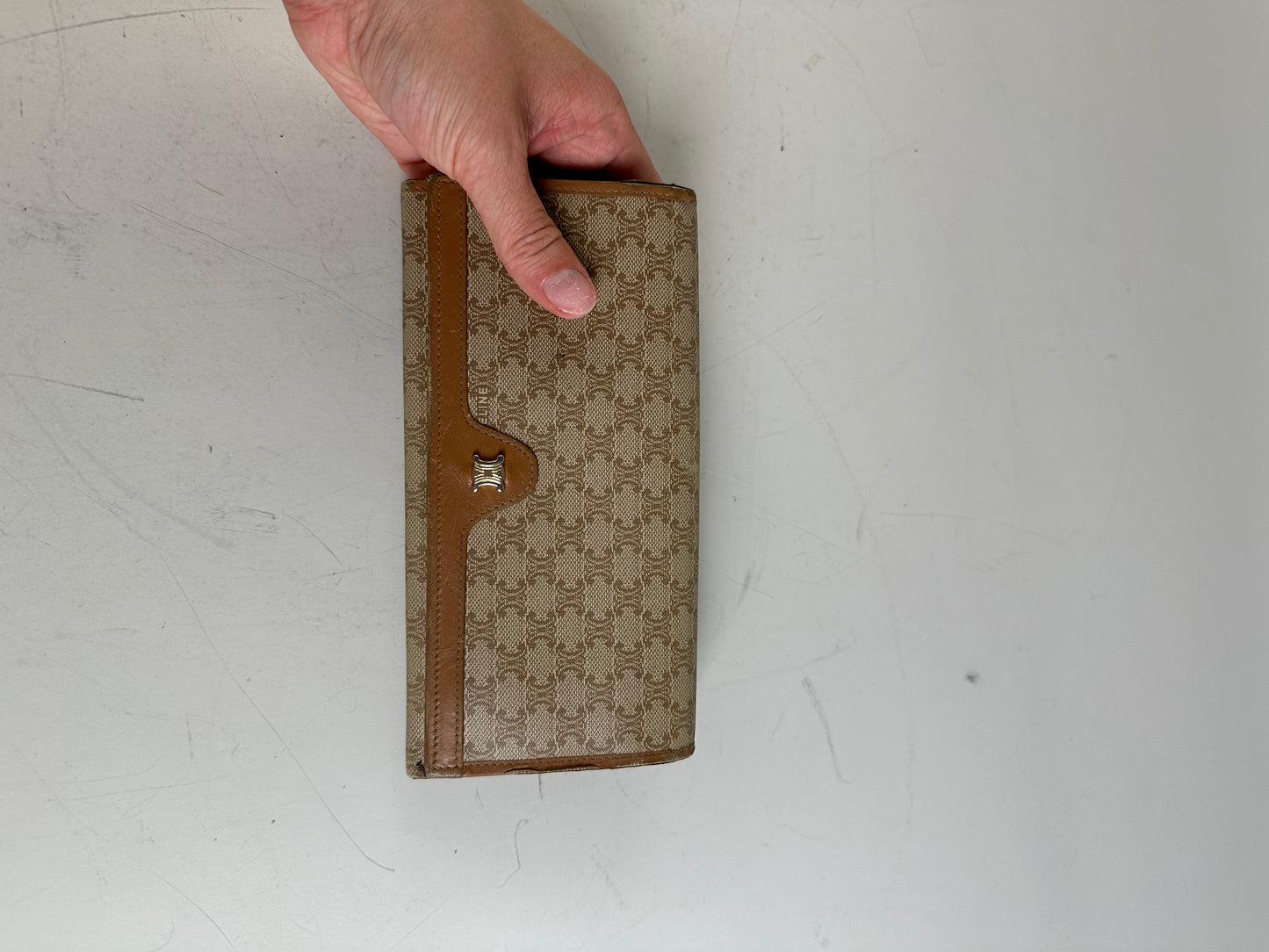 Vintage Celine Macadam Canvas Wallet Beige Brown Gold