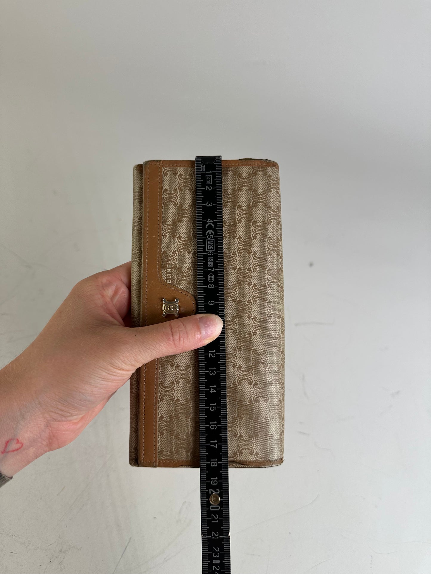 Vintage Celine Macadam Canvas Wallet Beige Brown Gold