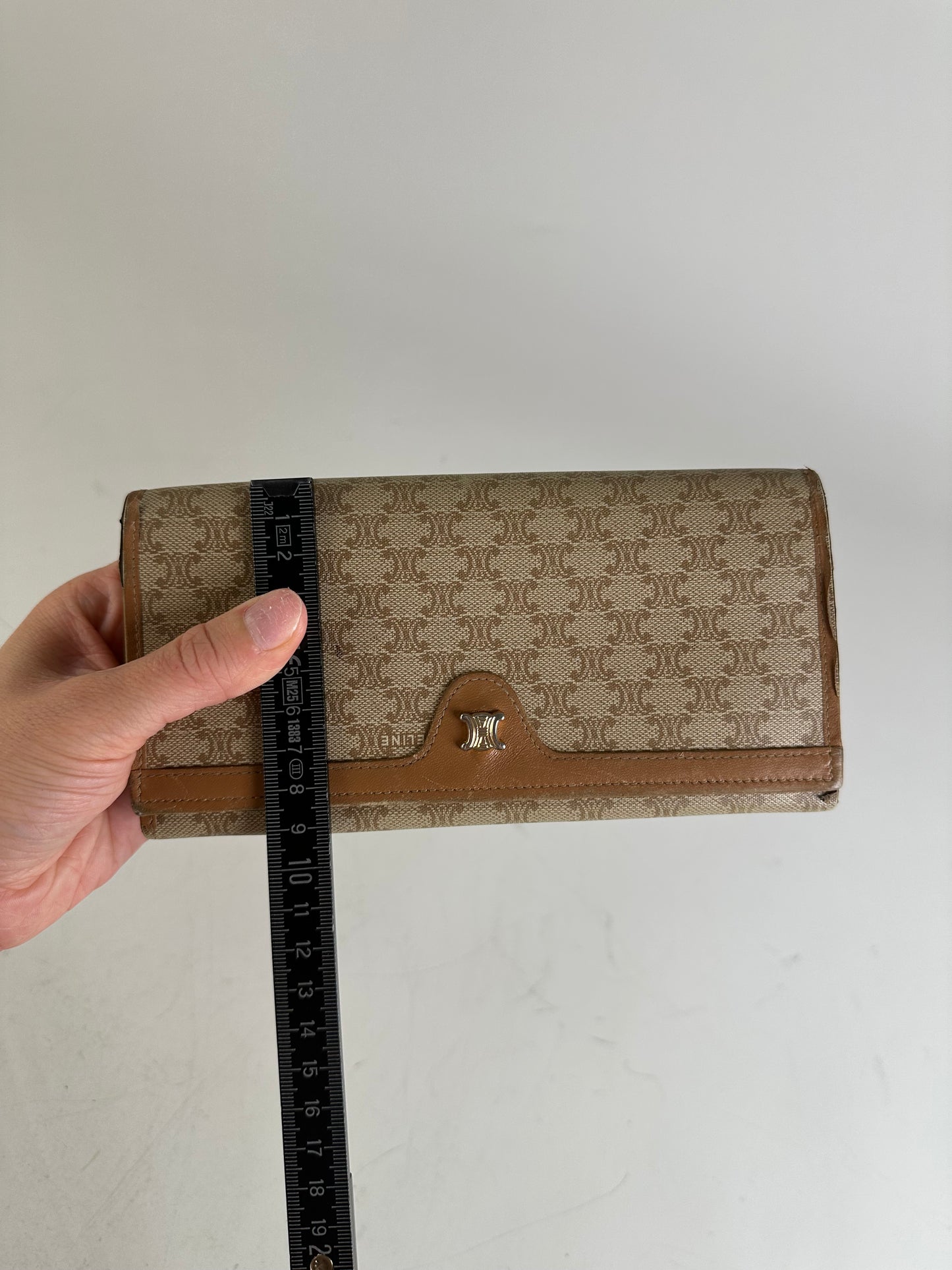 Vintage Celine Macadam Canvas Wallet Beige Brown Gold