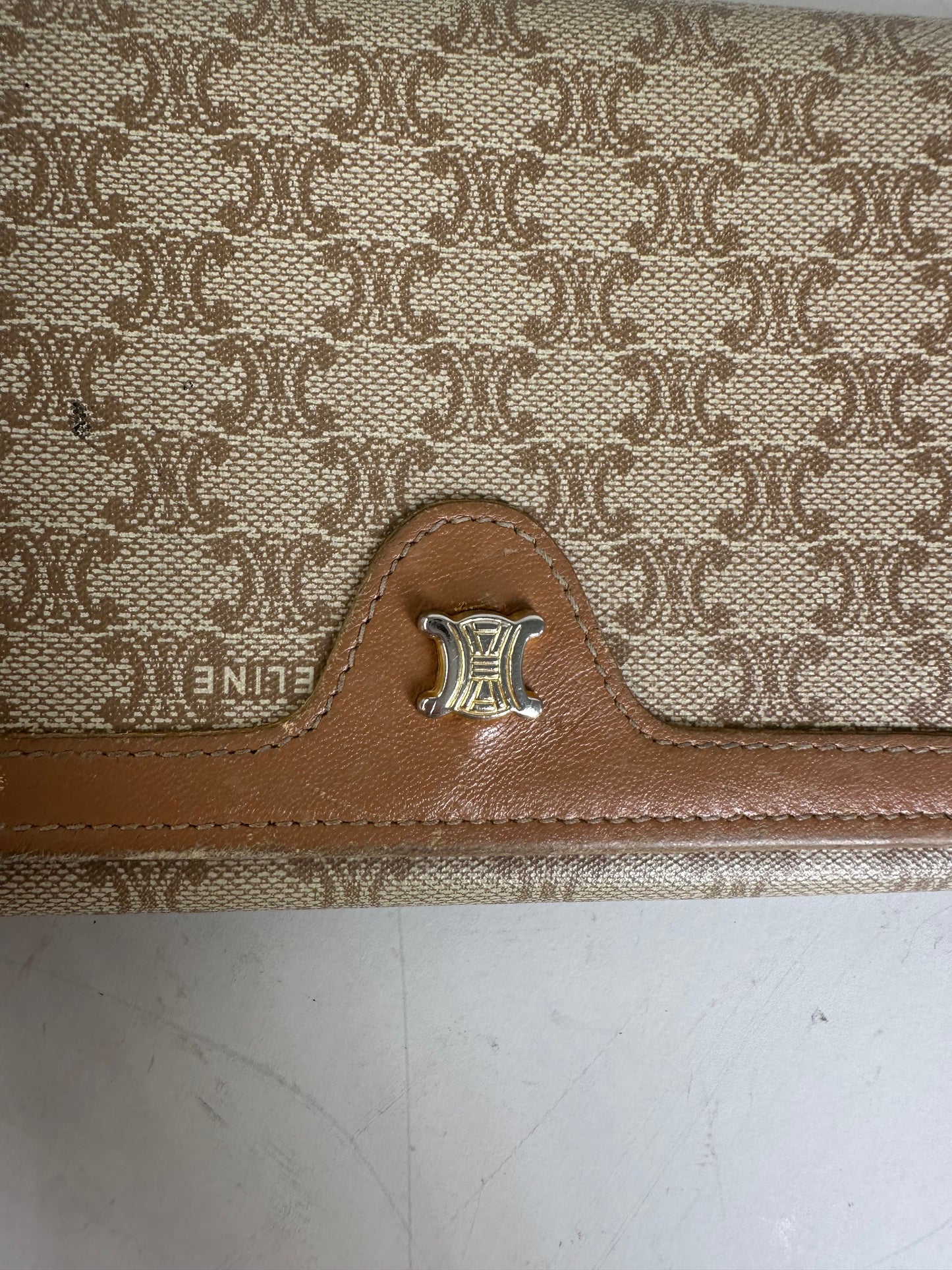 Vintage Celine Macadam Canvas Wallet Beige Brown Gold