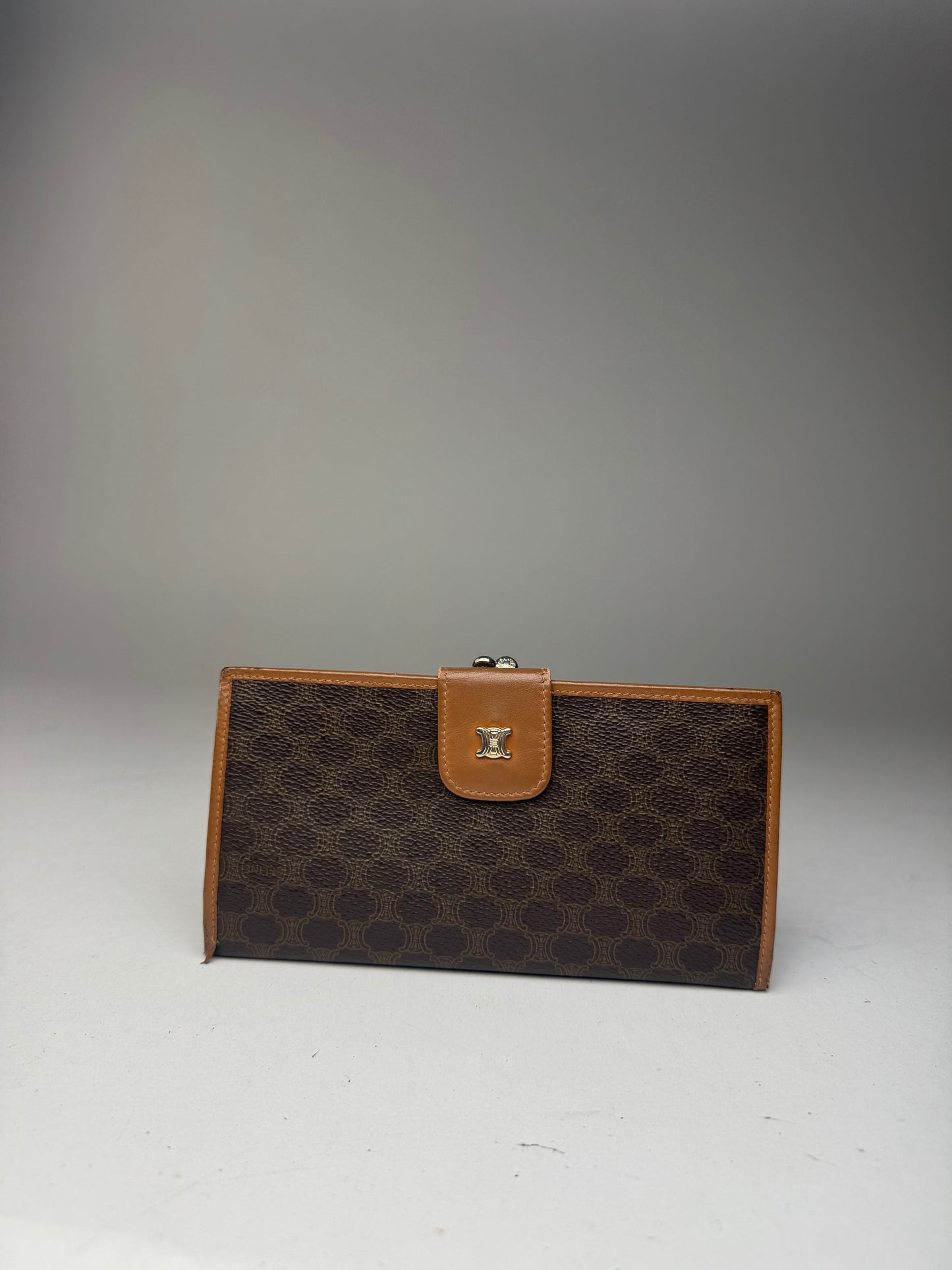 Vintage Celine Paris Triomphe Monogram Leather wallet brown