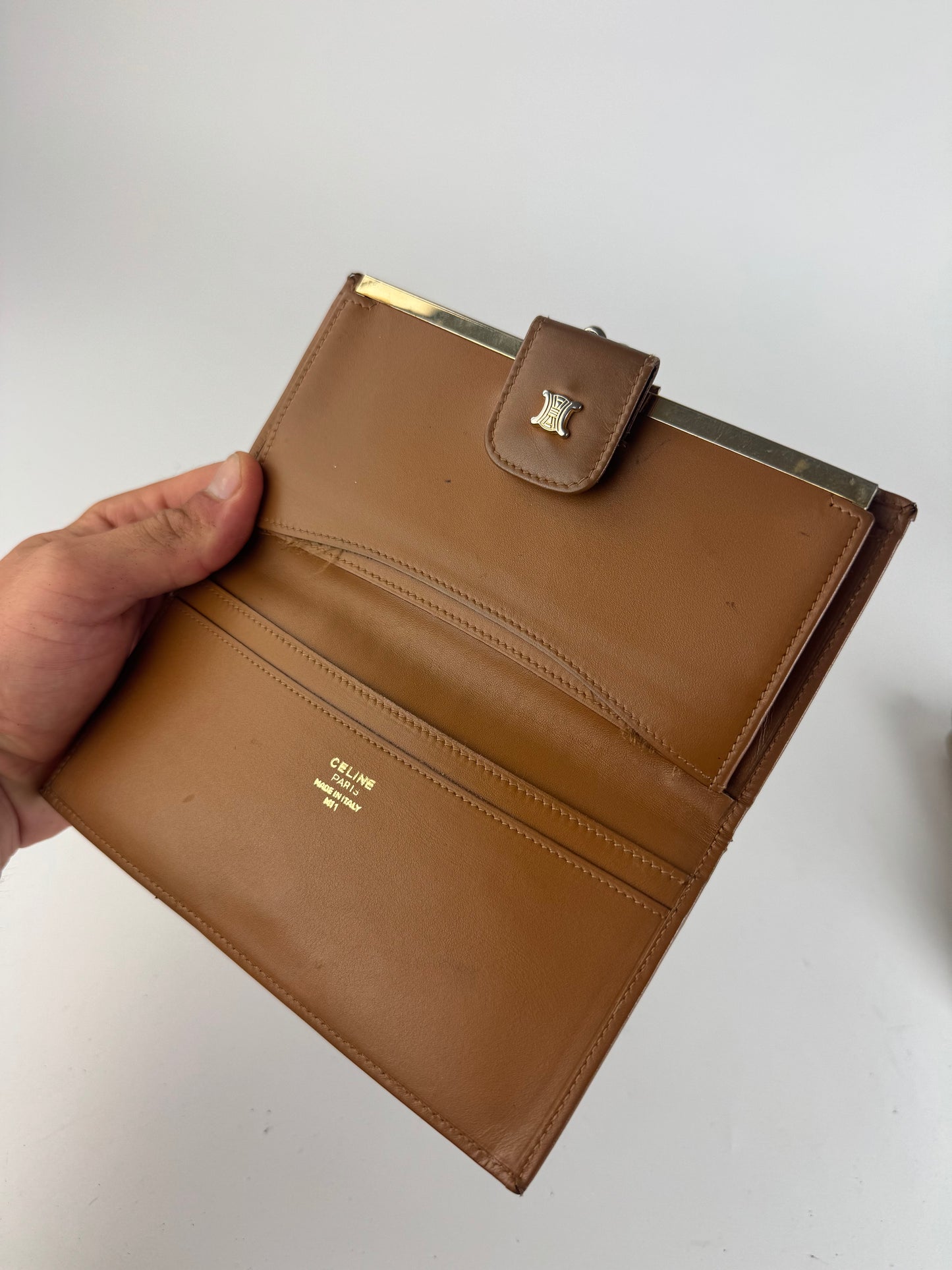 Vintage Celine Paris Triomphe Monogram Leather wallet brown