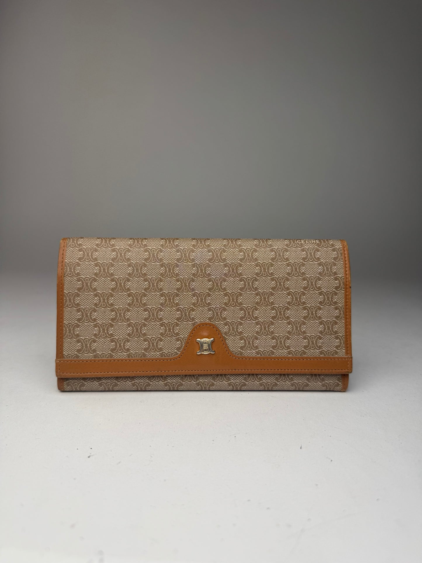 Vintage Celine Paris Triomphe monogram leather wallet beige