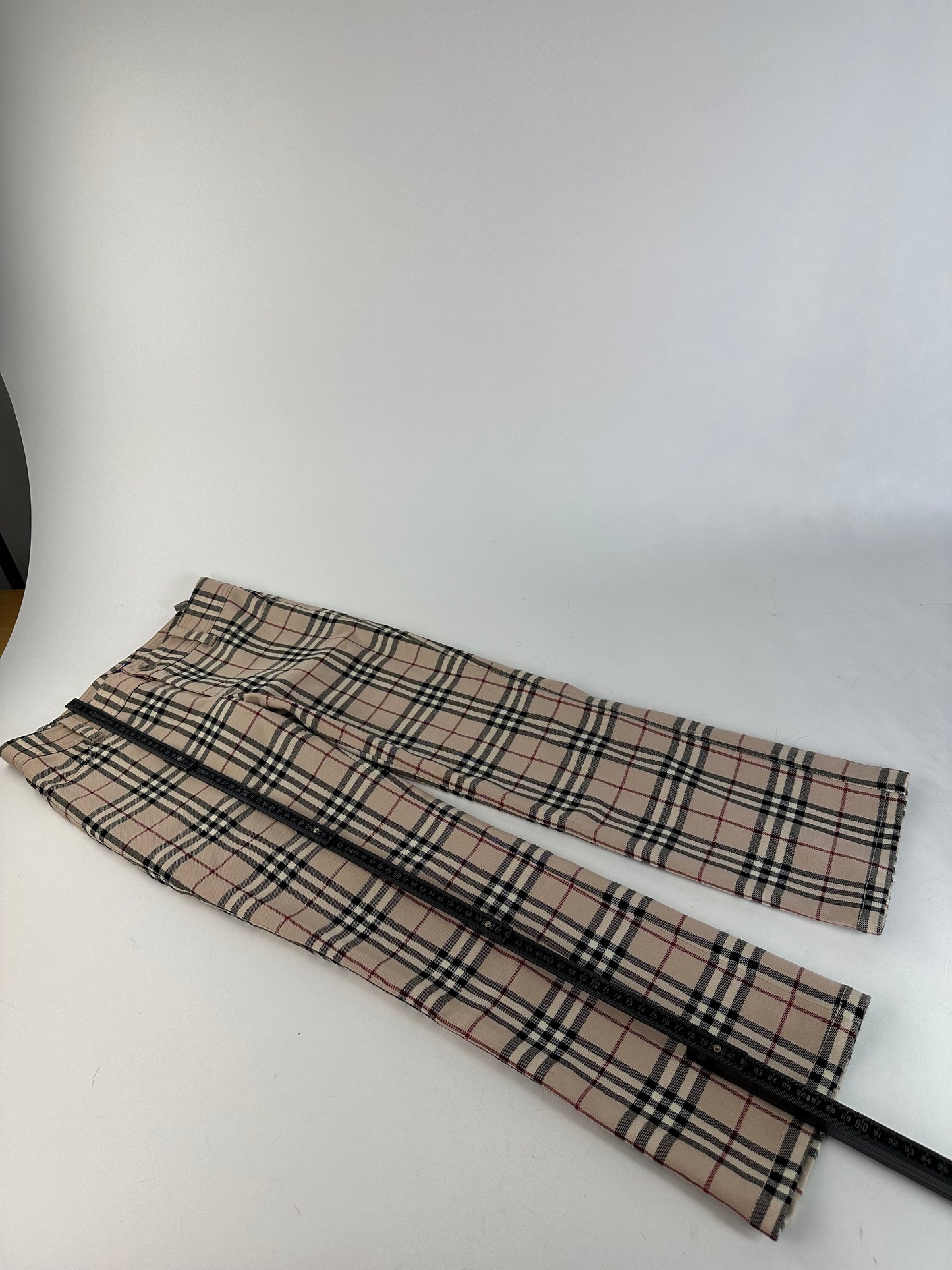 Vintage Burberry Nova Check Wool Flared Trousers Beige XS