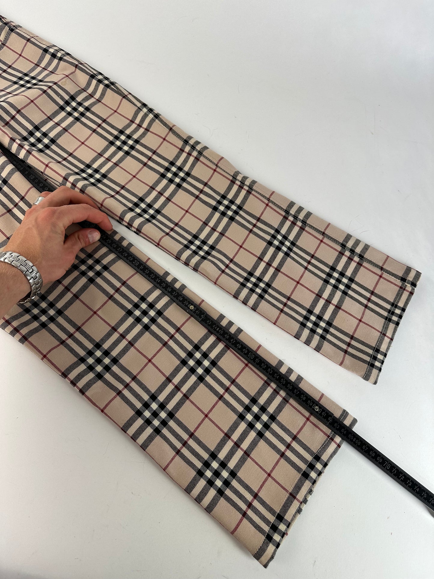 Vintage Burberry Nova Check Wool Flared Trousers Beige XS