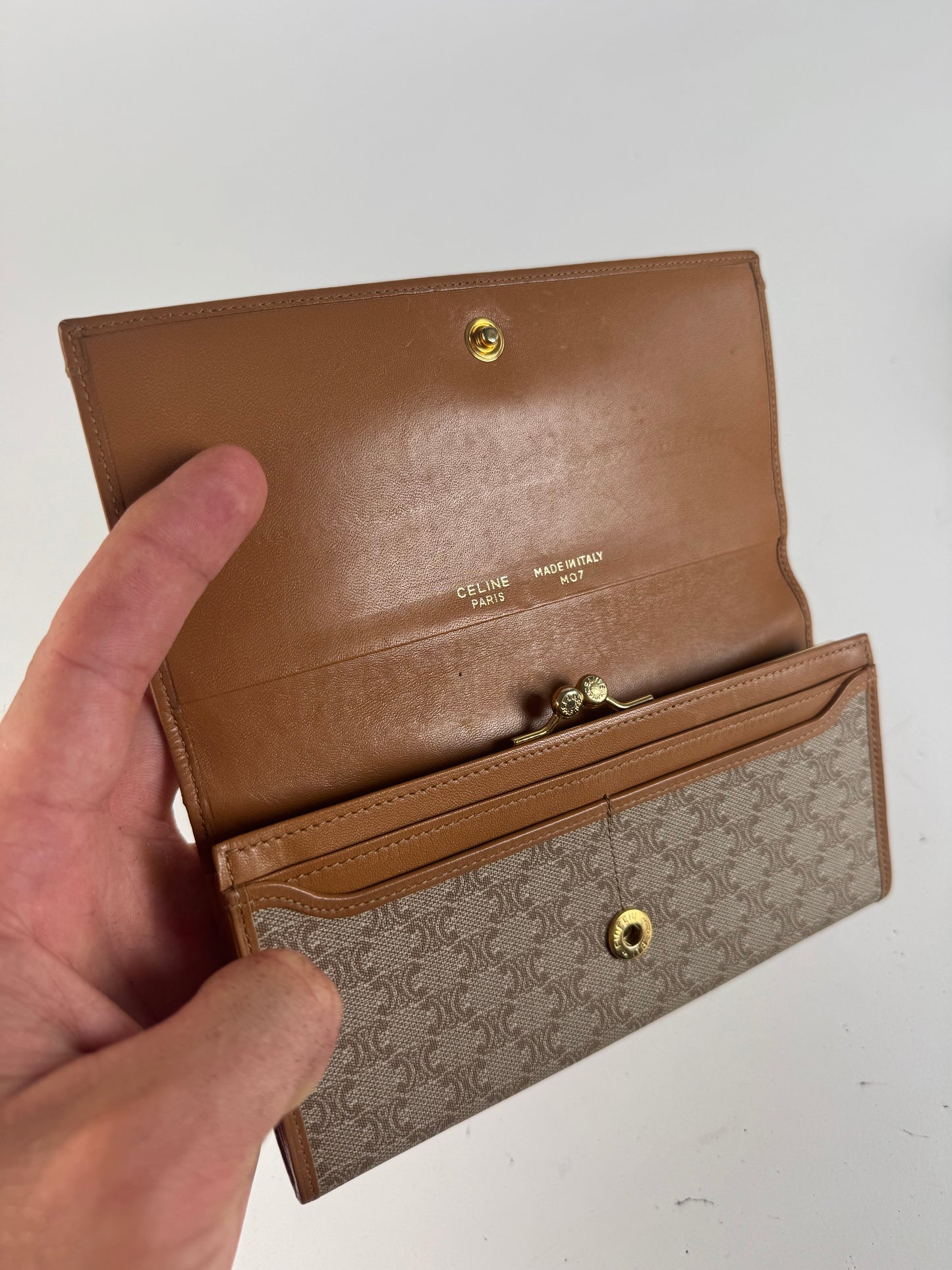 Vintage Celine Paris Triomphe monogram leather wallet beige