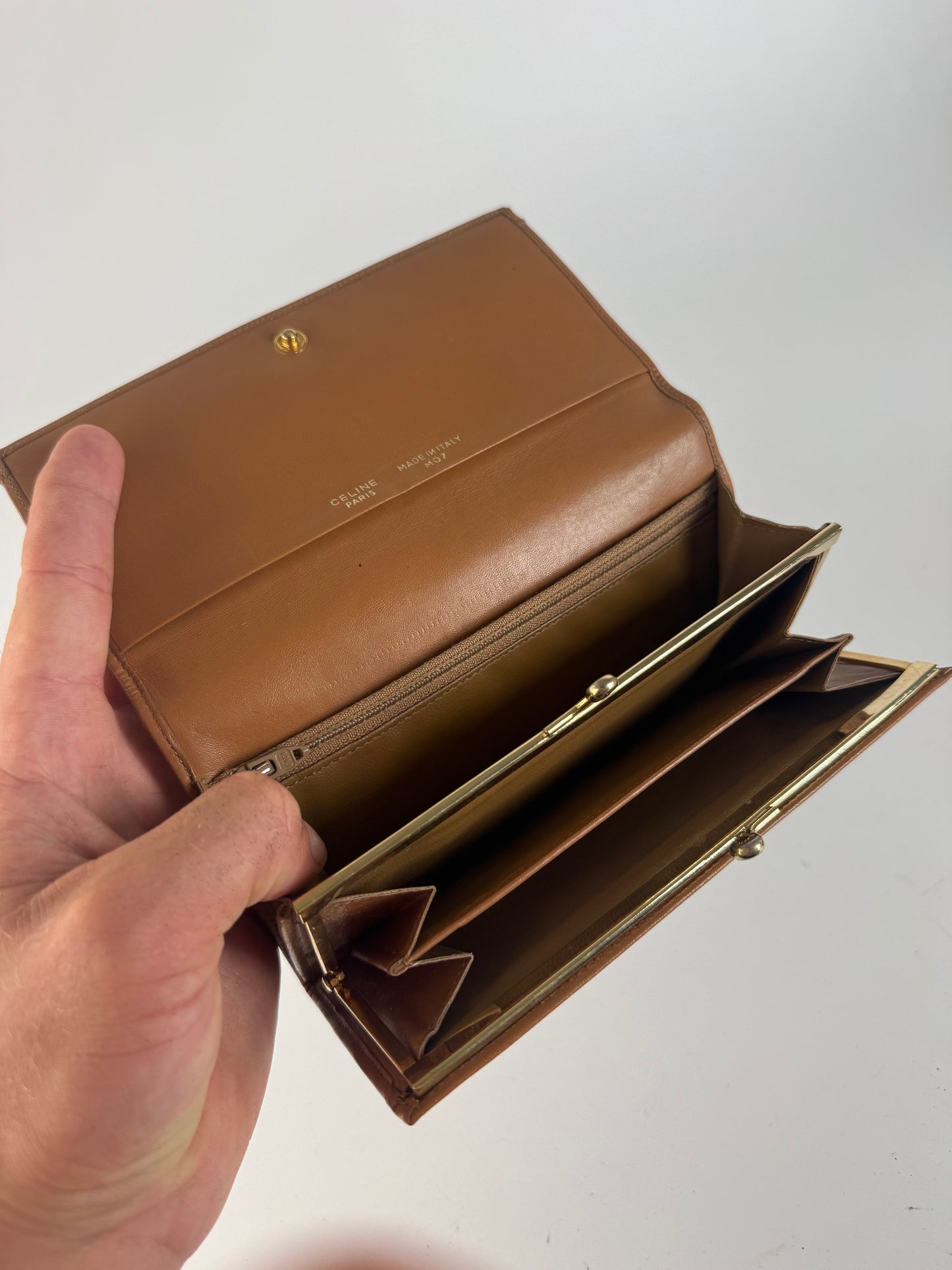 Vintage Celine Paris Triomphe monogram leather wallet beige