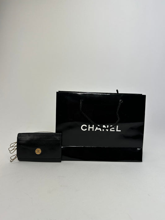 Vintage Chanel CC Logo Caviar Leather Key Holder Black