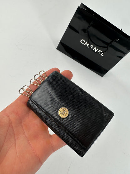 Vintage Chanel CC Logo Caviar Leather Key Holder Black