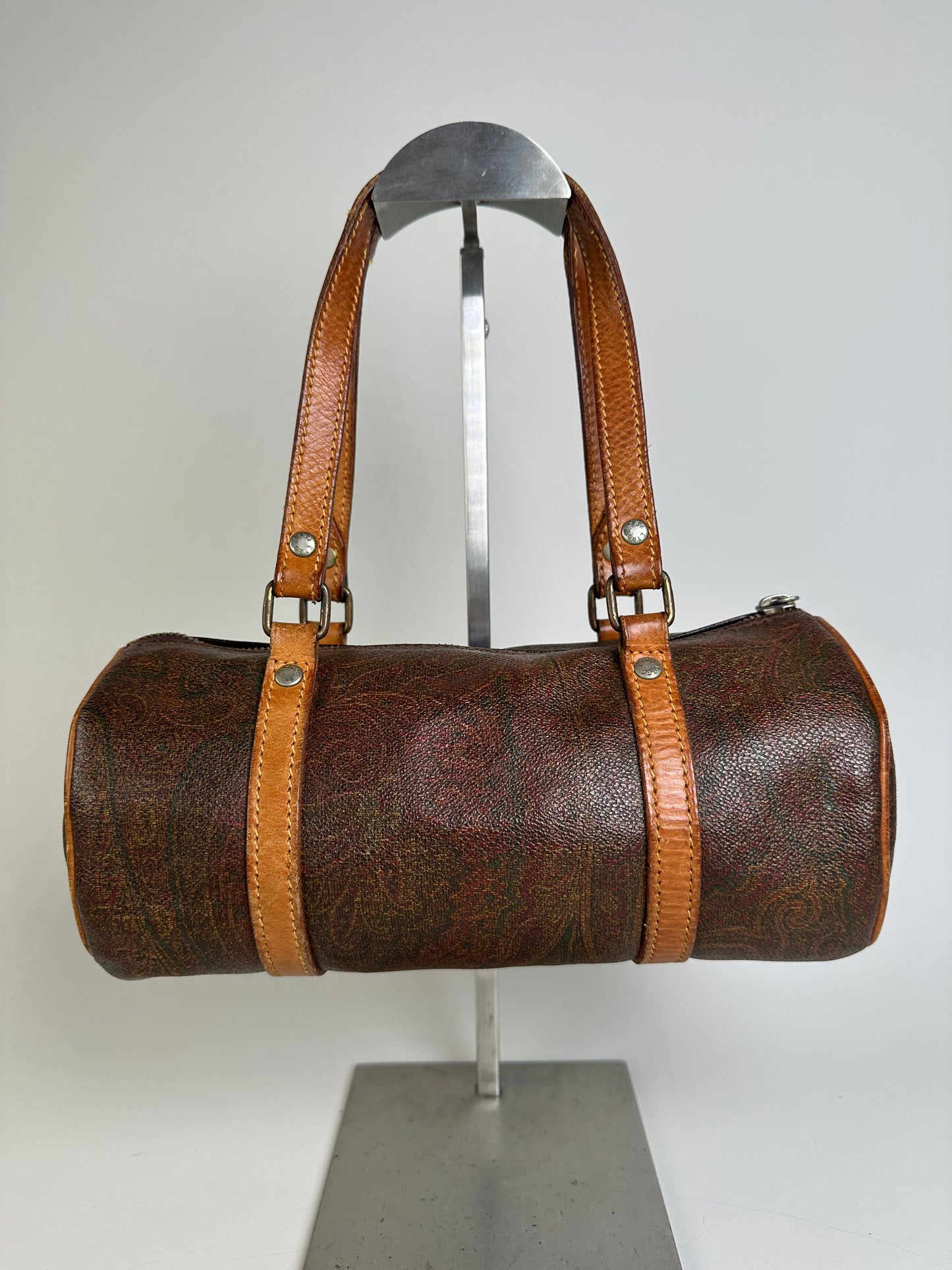 Vintage Etro Paisley Embossed Leather Bag Brown Tan