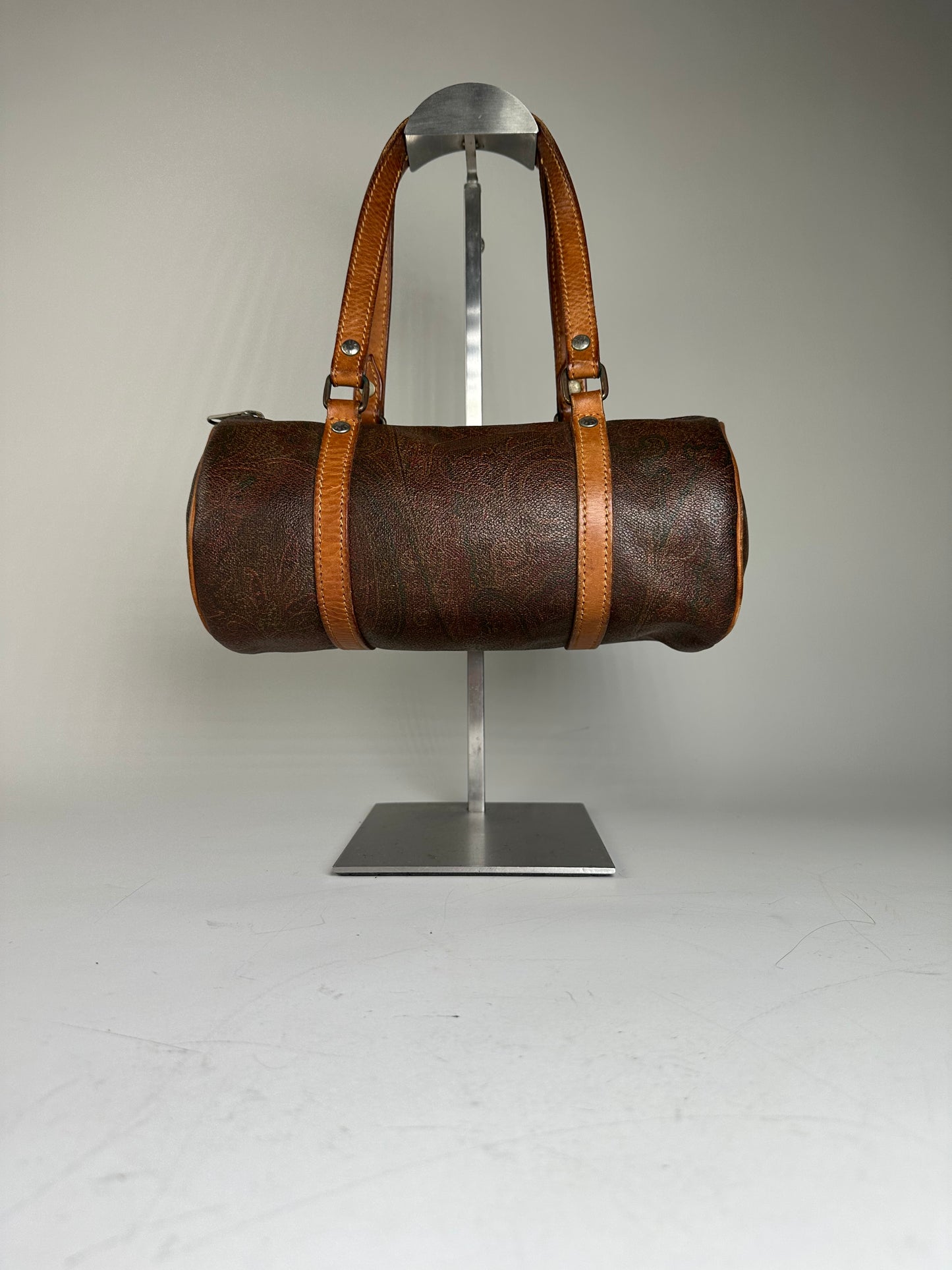 Vintage Etro Paisley Embossed Leather Bag Brown Tan