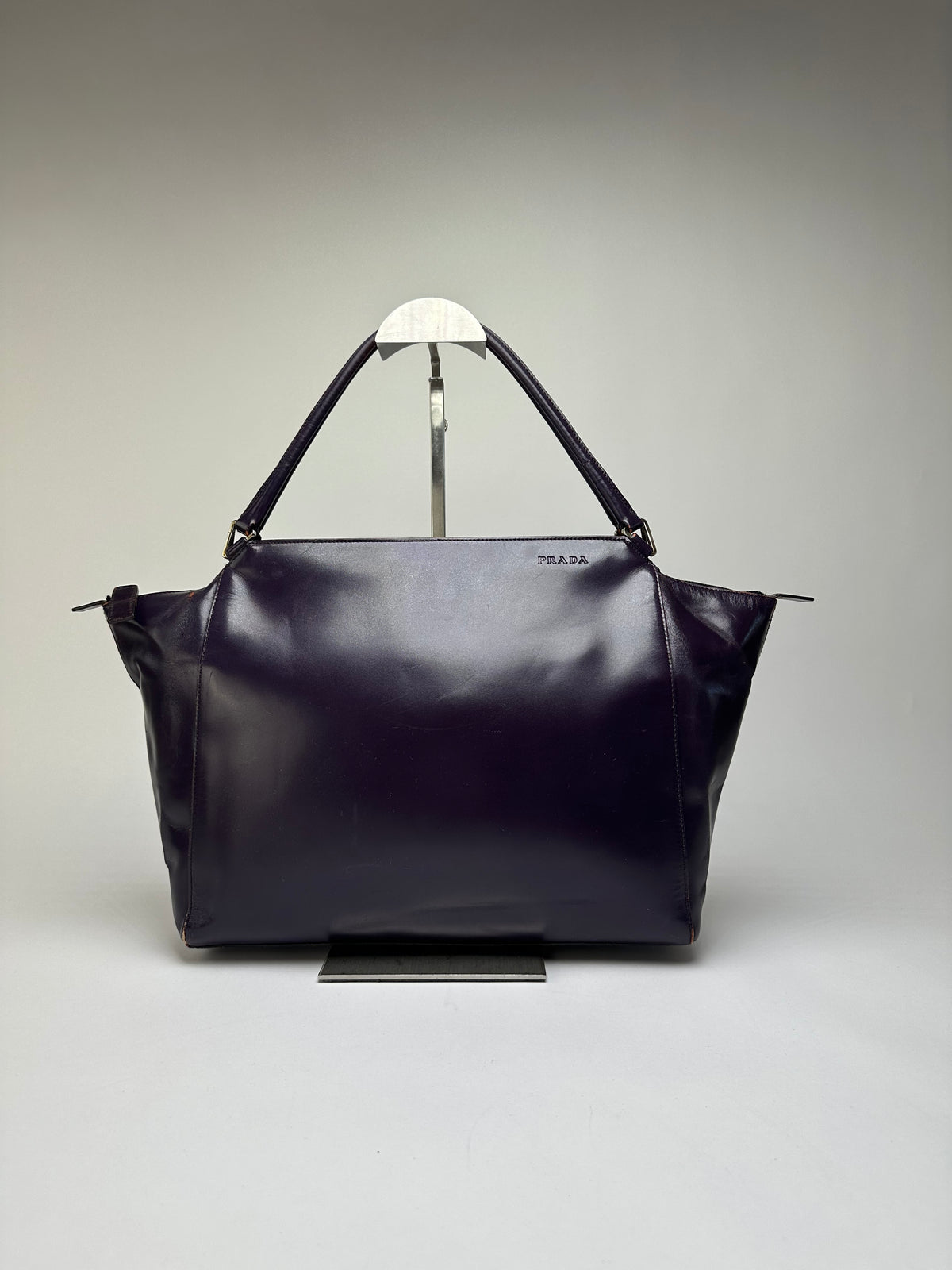 Vintage Prada Double Zip Leather Top-Handle Bag Dark Purple