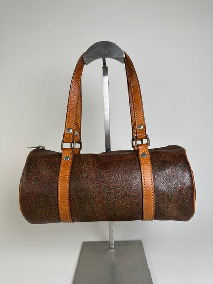 Vintage Etro Paisley Embossed Leather Bag Brown Tan
