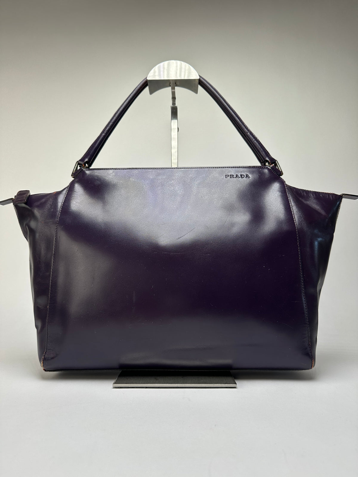 Vintage Prada Double Zip Leather Top-Handle Bag Dark Purple