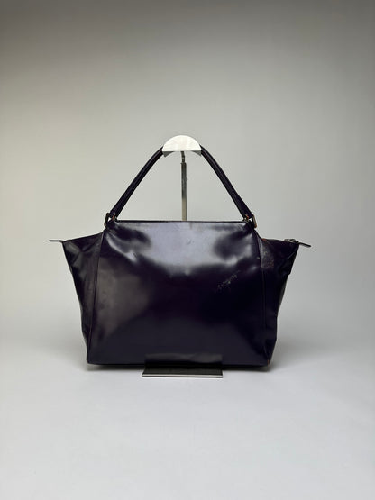 Vintage Prada Double Zip Leather Top-Handle Bag Dark Purple