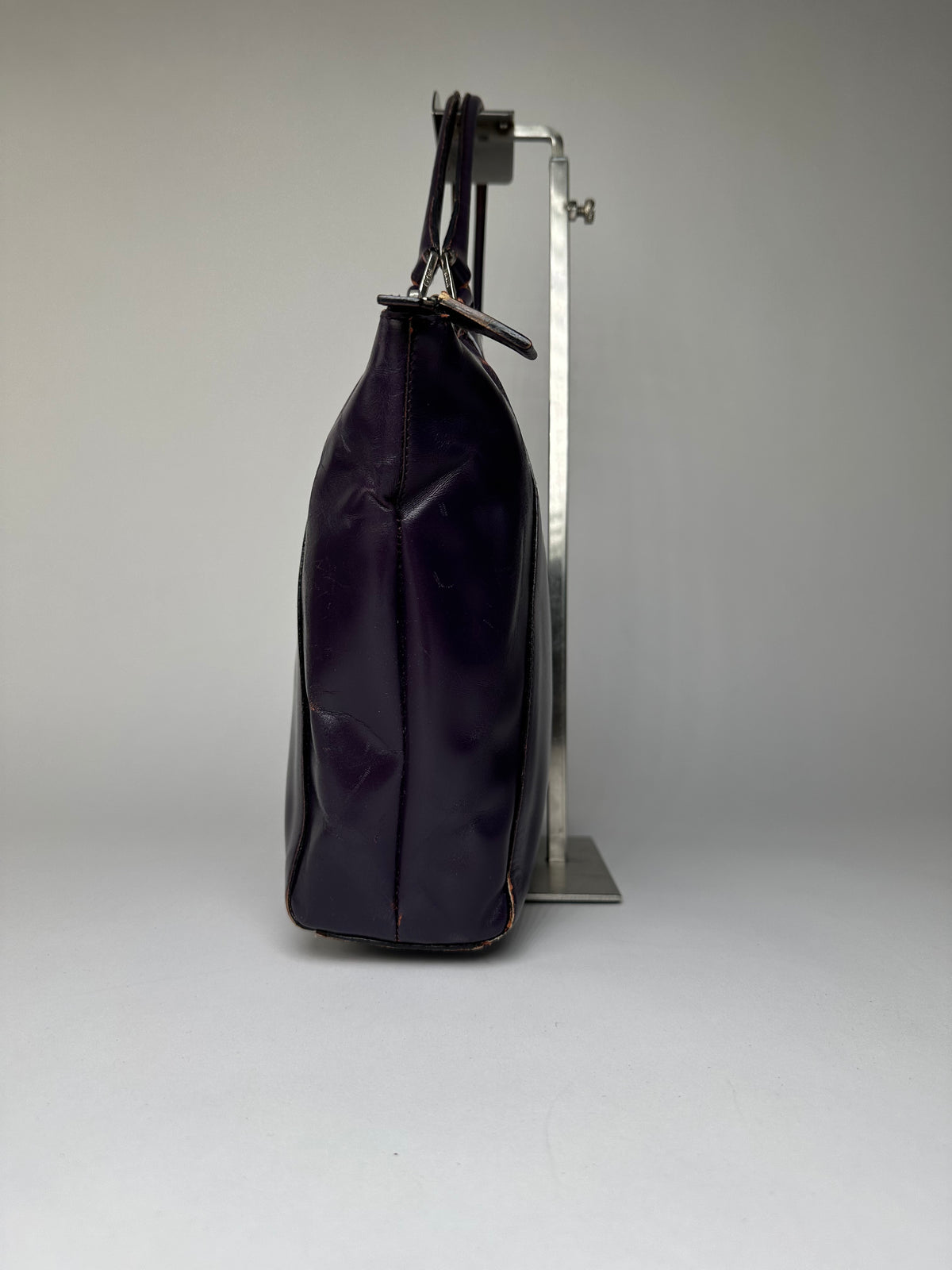 Vintage Prada Double Zip Leather Top-Handle Bag Dark Purple