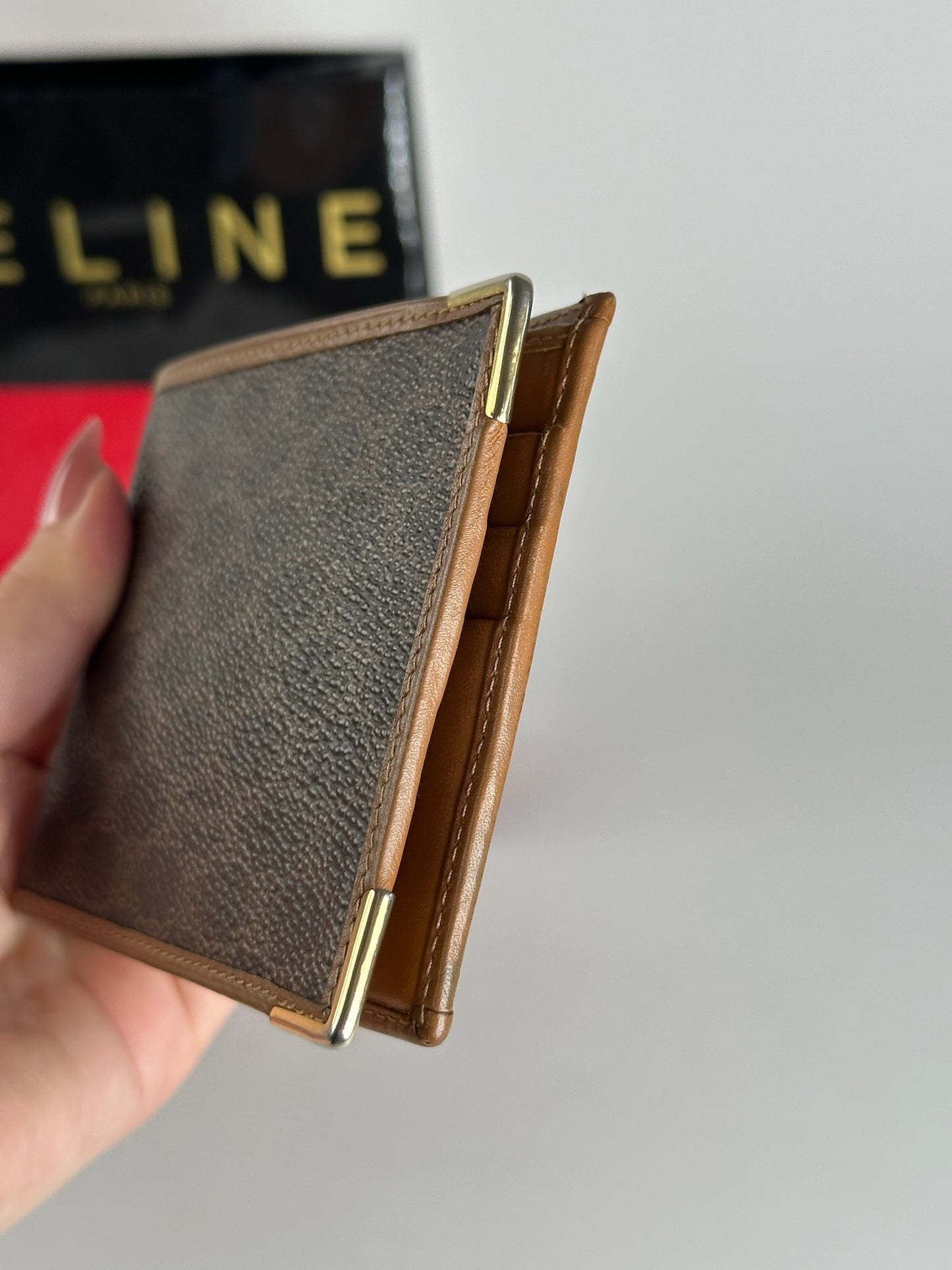 Vintage Celine Paris foldable monogram leather card holder brown