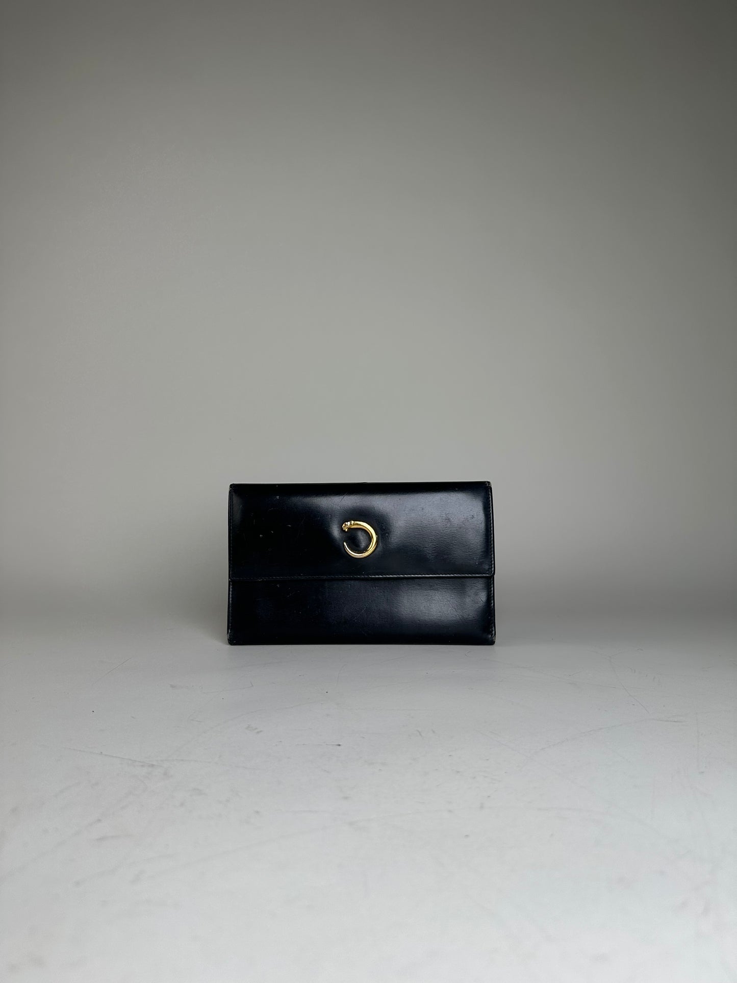 Vintage Cartier Leather Long Wallet Black Gold