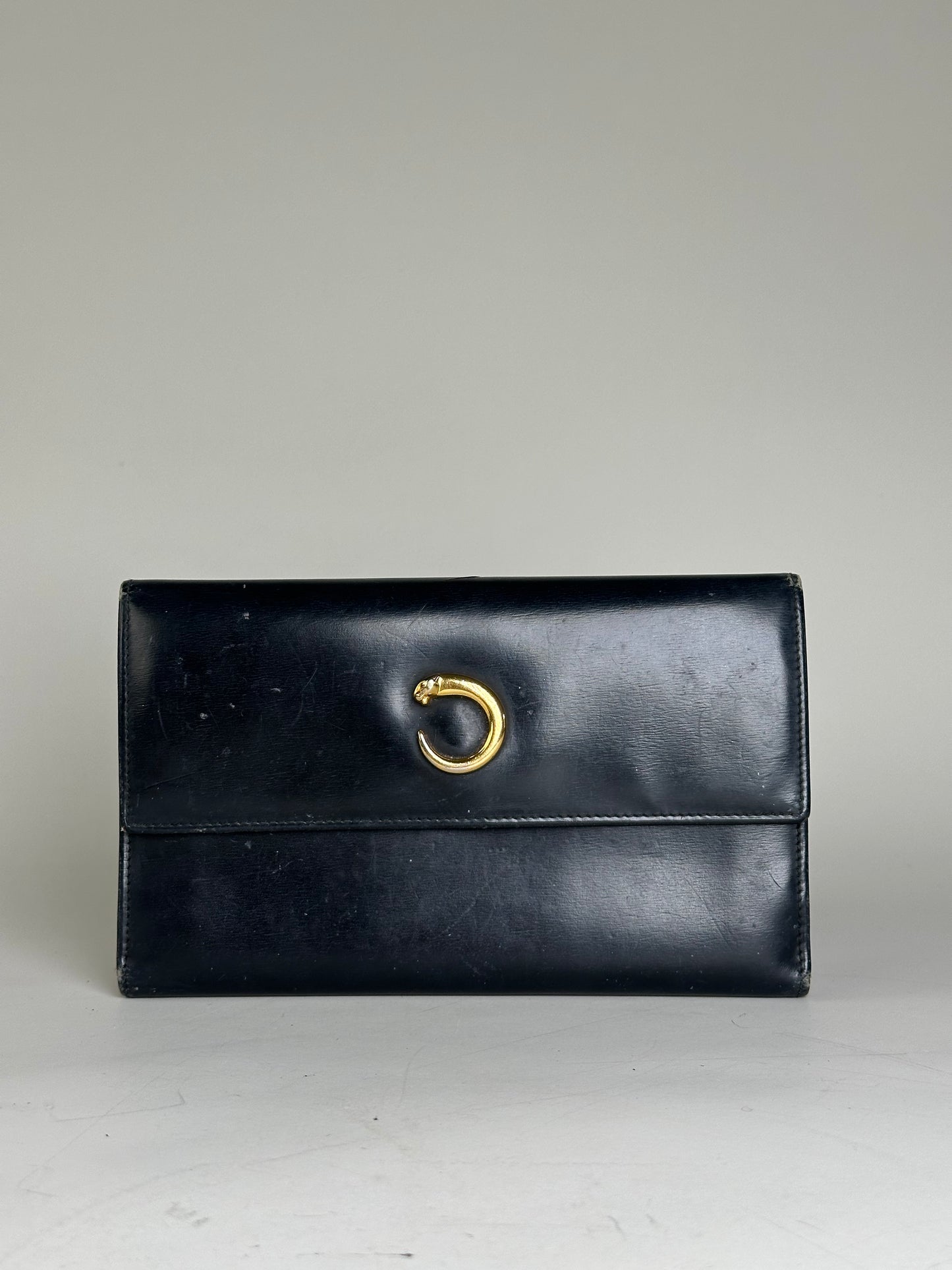 Vintage Cartier Leather Long Wallet Black Gold