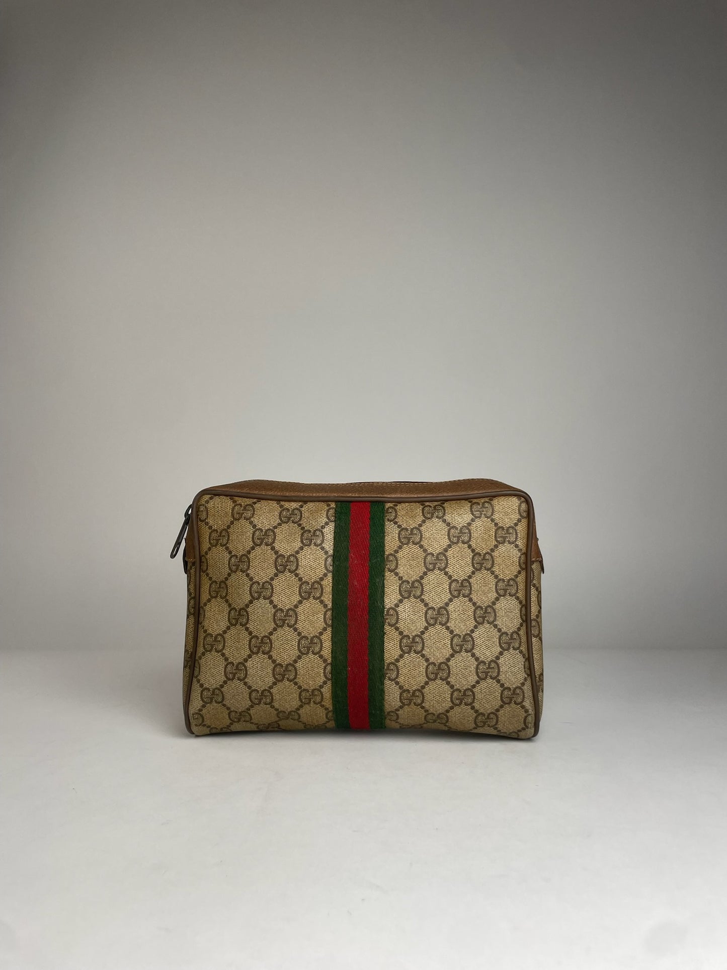 Vintage Gucci Leather Monogram Clutch Brown Grey