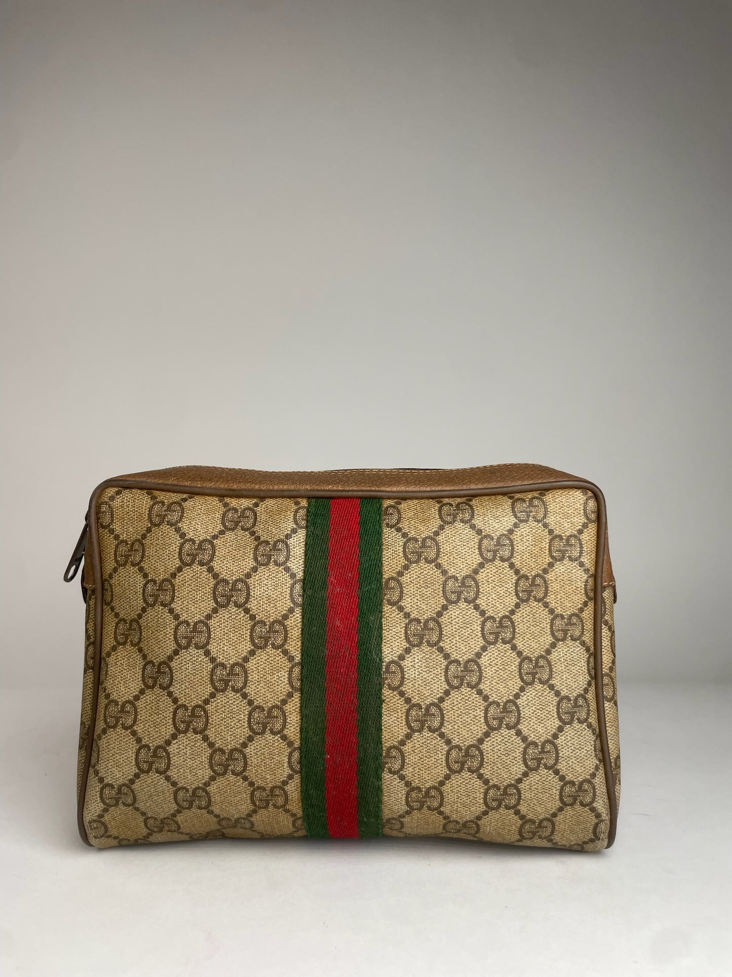 Vintage Gucci Leather Monogram Clutch Brown Grey