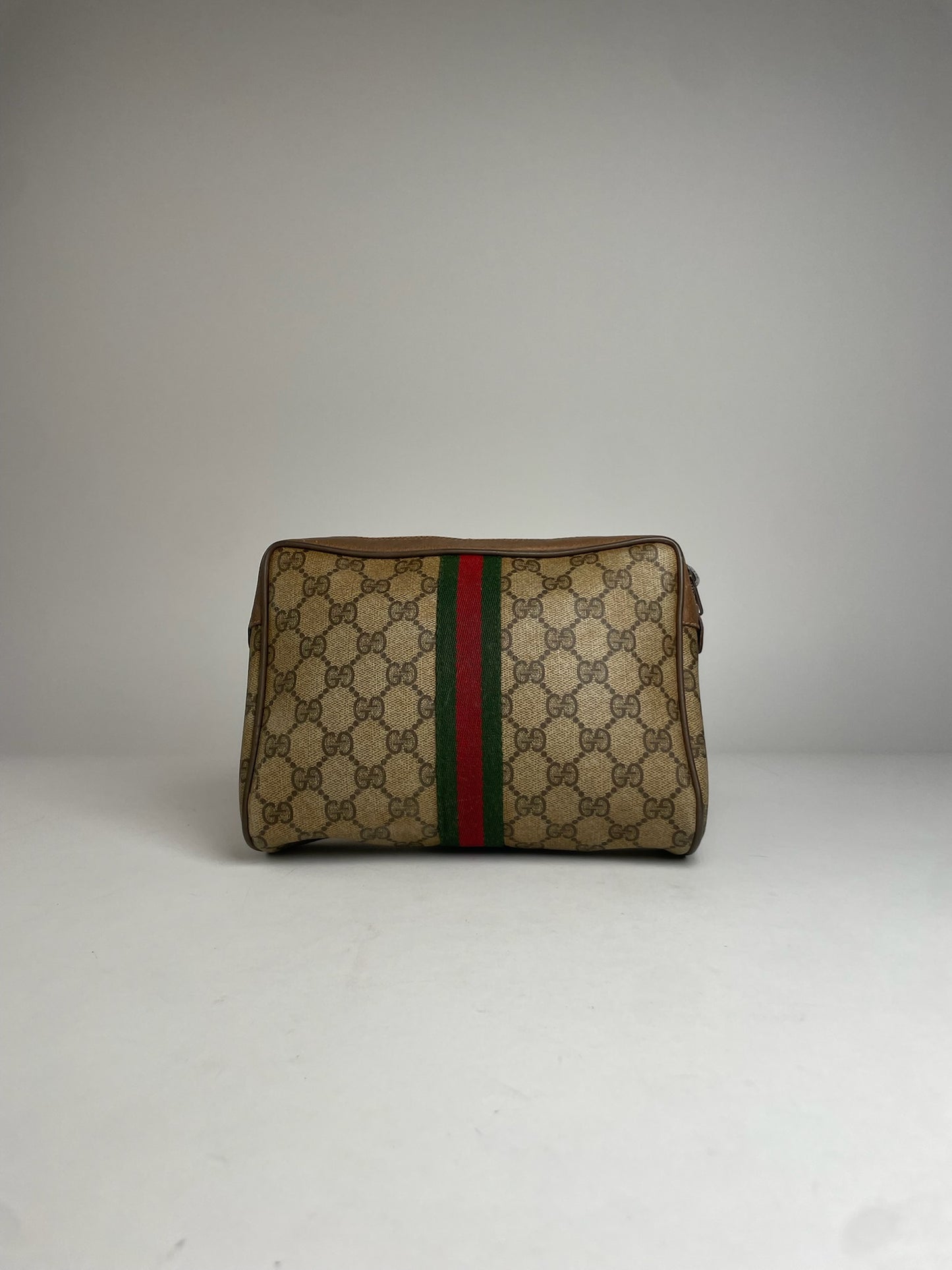 Vintage Gucci Leather Monogram Clutch Brown Grey