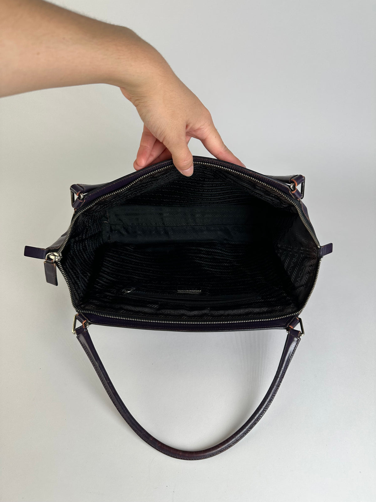 Vintage Prada Double Zip Leather Top-Handle Bag Dark Purple