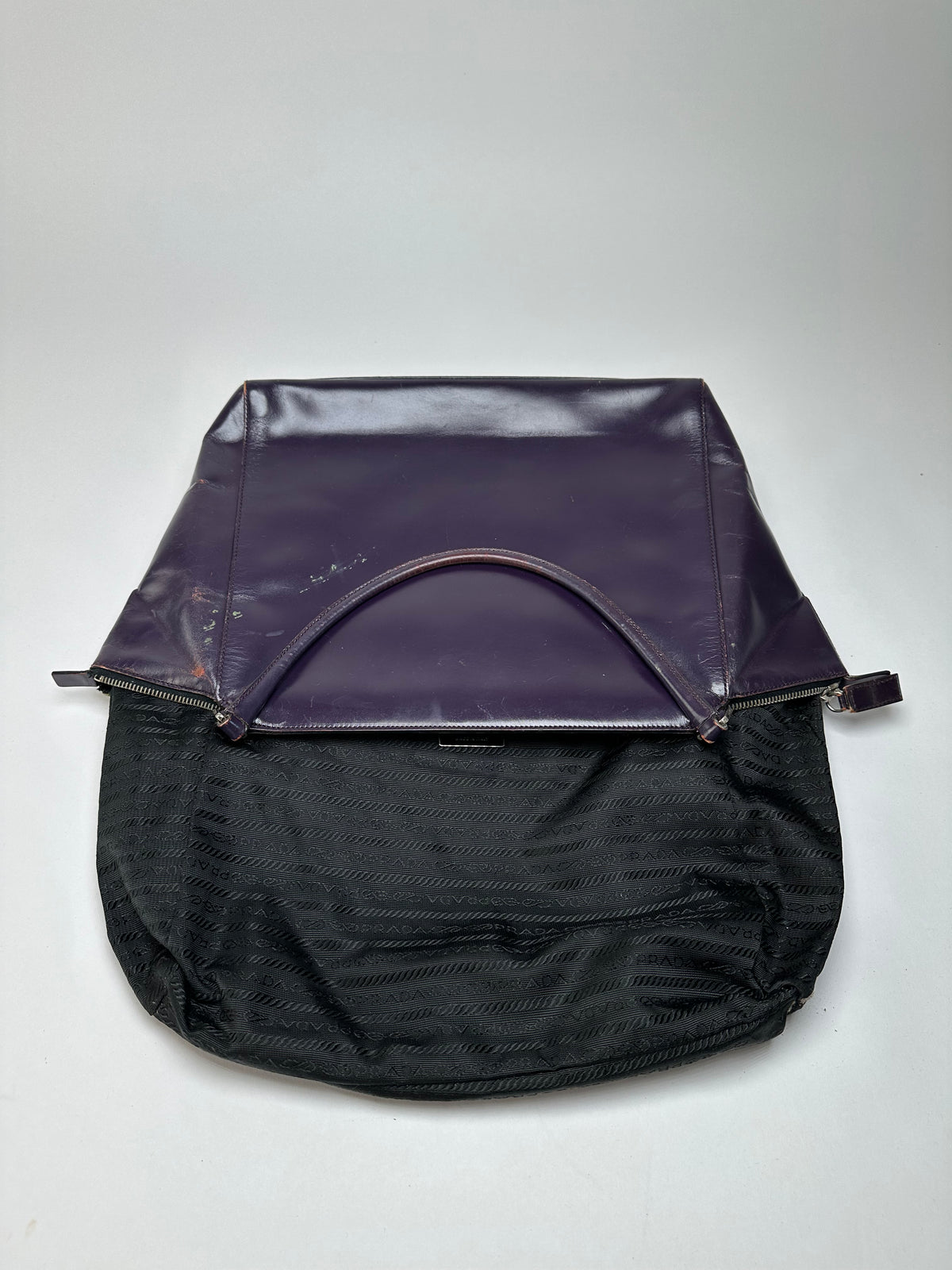 Vintage Prada Double Zip Leather Top-Handle Bag Dark Purple