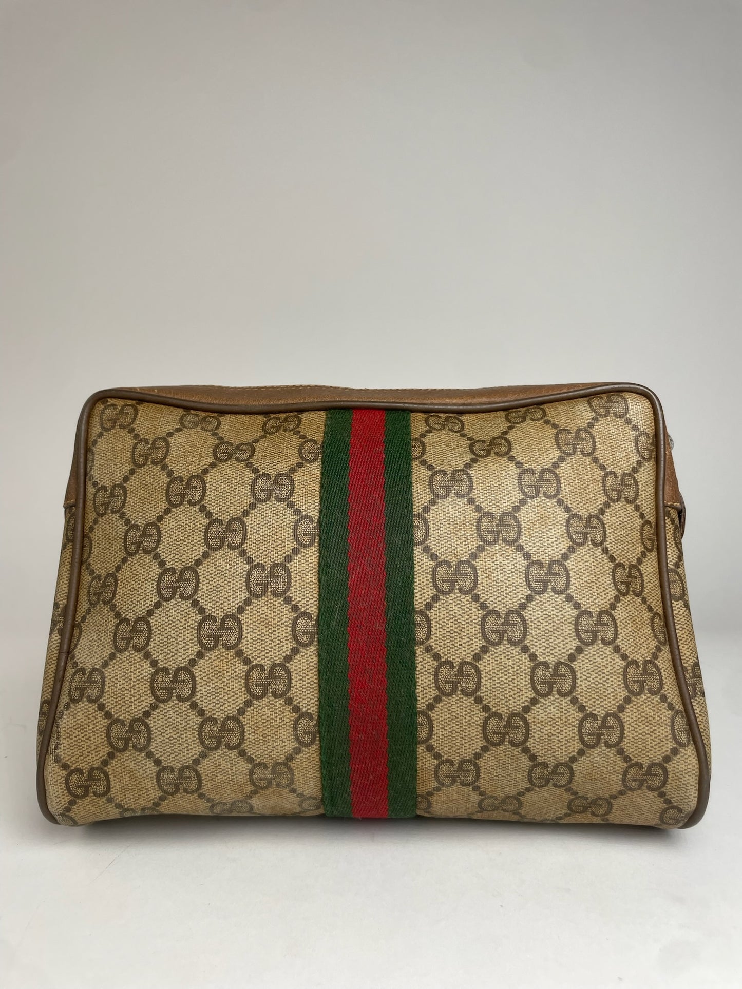 Vintage Gucci Leather Monogram Clutch Brown Grey