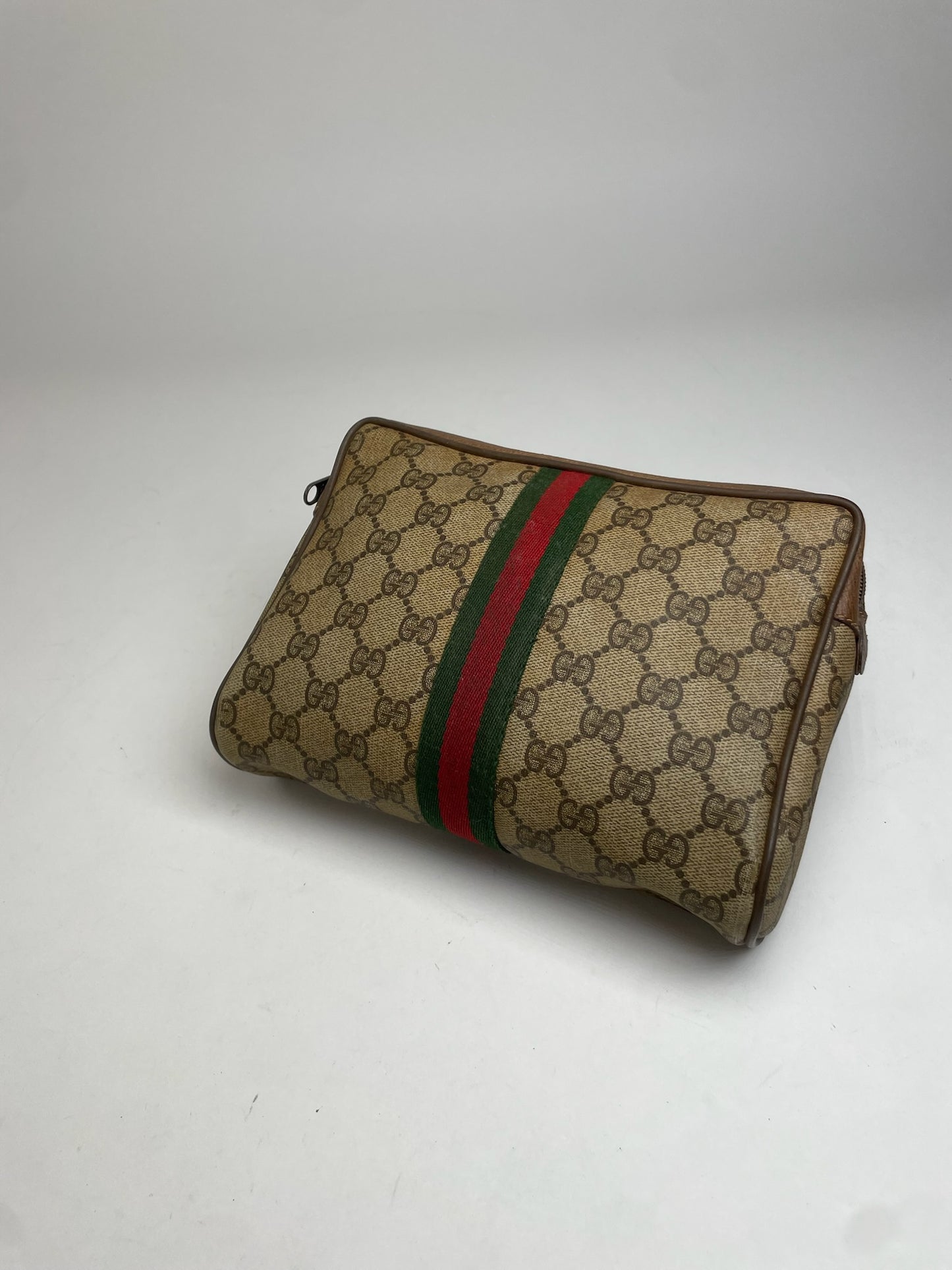 Vintage Gucci Leather Monogram Clutch Brown Grey