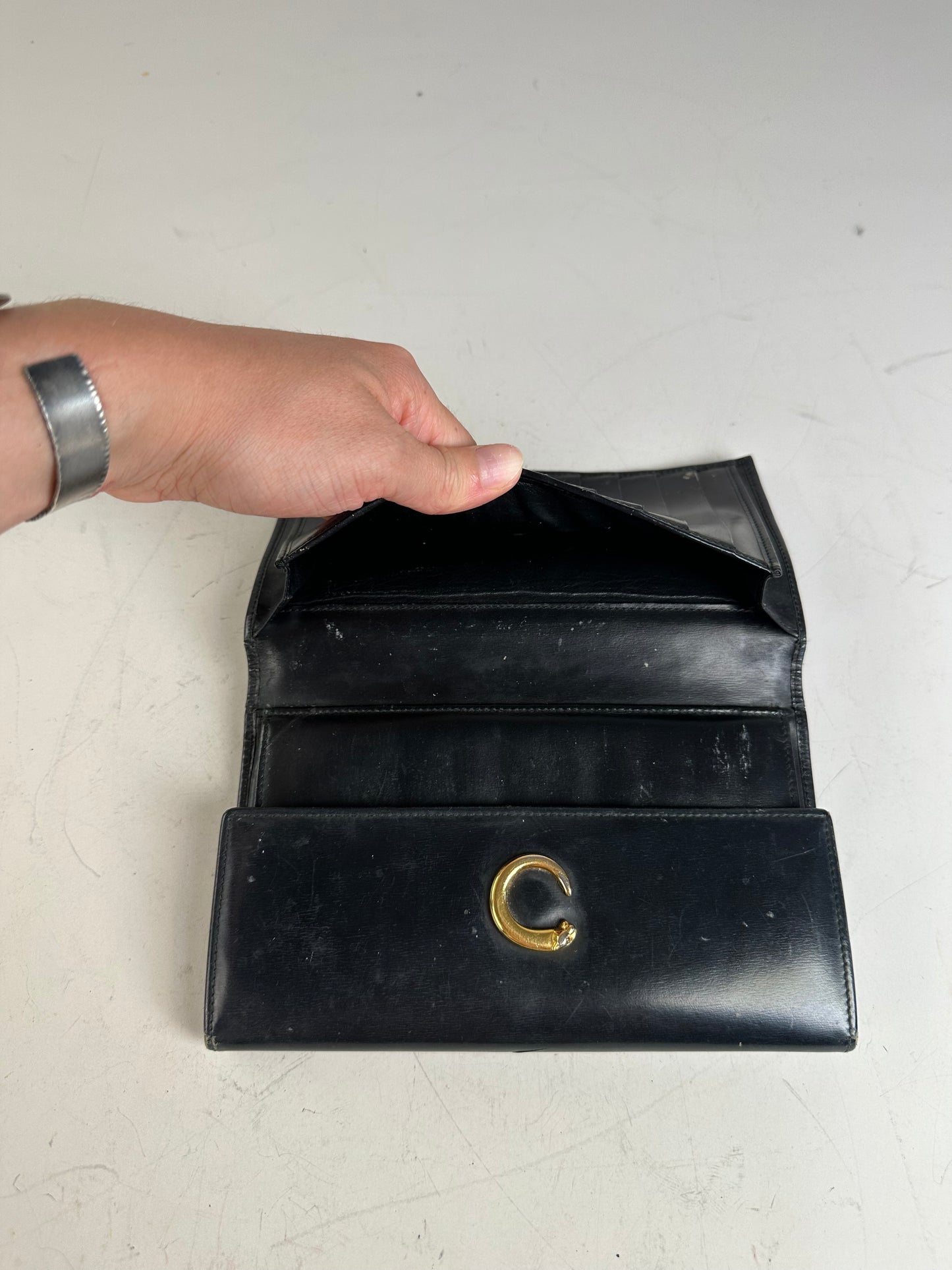 Vintage Cartier Leather Long Wallet Black Gold