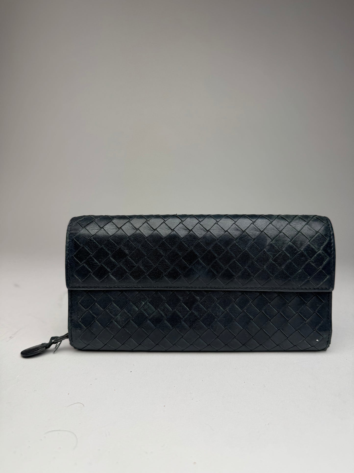 Vintage Bottega Veneta Intrecciato Leather Wallet Black