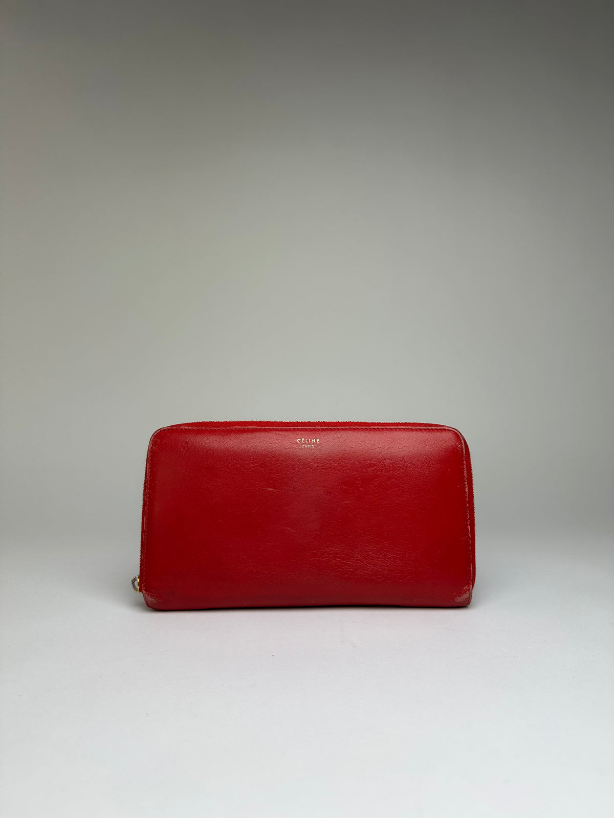 Vintage Celine Classic Leather Zippered Wallet Red Gold