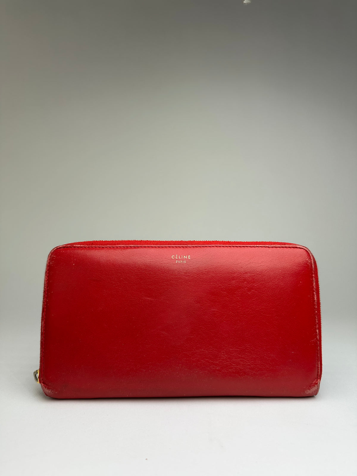 Vintage Celine Classic Leather Zippered Wallet Red Gold